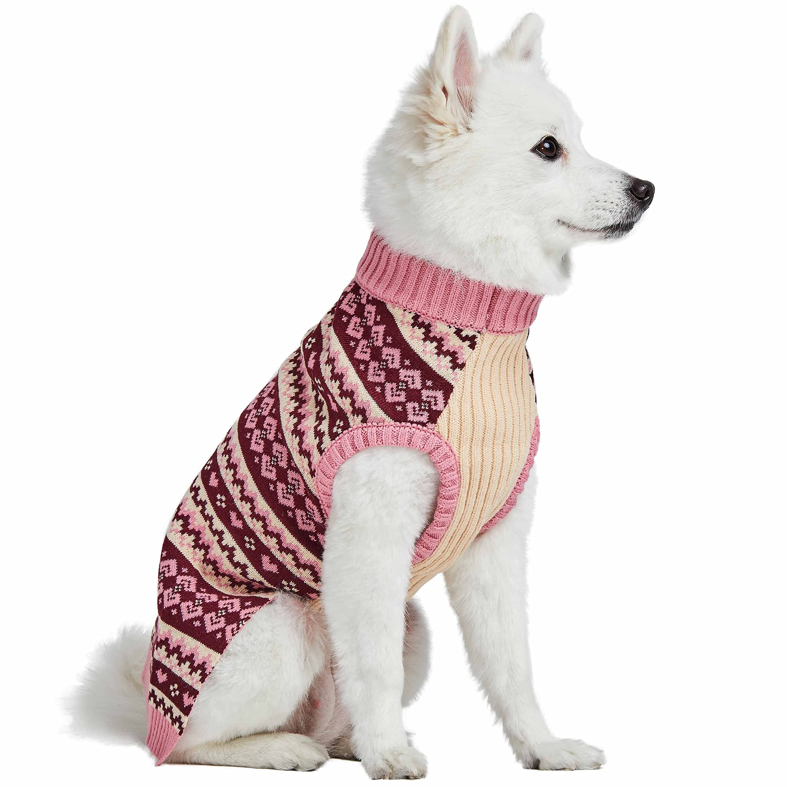 Blueberry Pet Heart Designer Everyday Turtleneck Fair Isle Fall Winter Pullover Dog Sweater In Pink, Back Length 20', Warm Clothes For Large Dogs