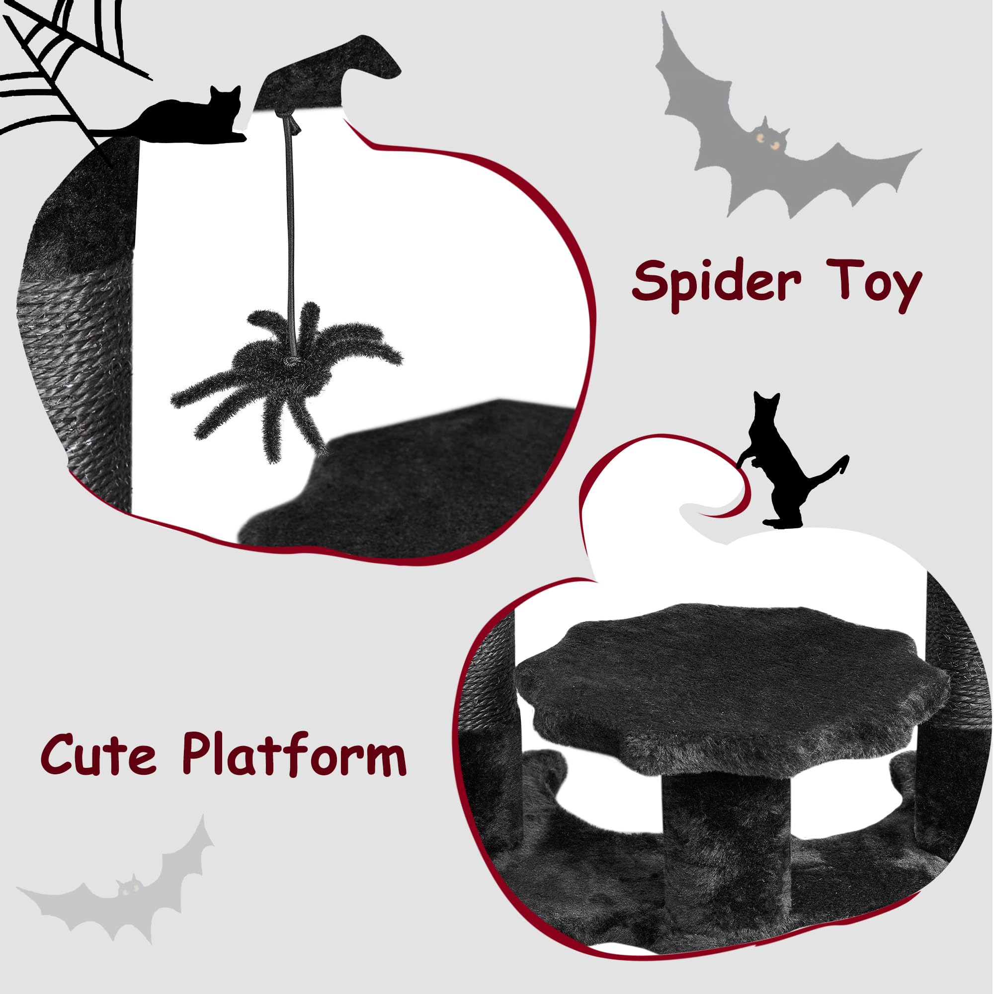 Bewishome Gothic Cat Tree With Coffin Bed, Goth Cat Tower For Indoor Cats With Sisal Scratching Posts, Spider Toy, Spooky Coffin