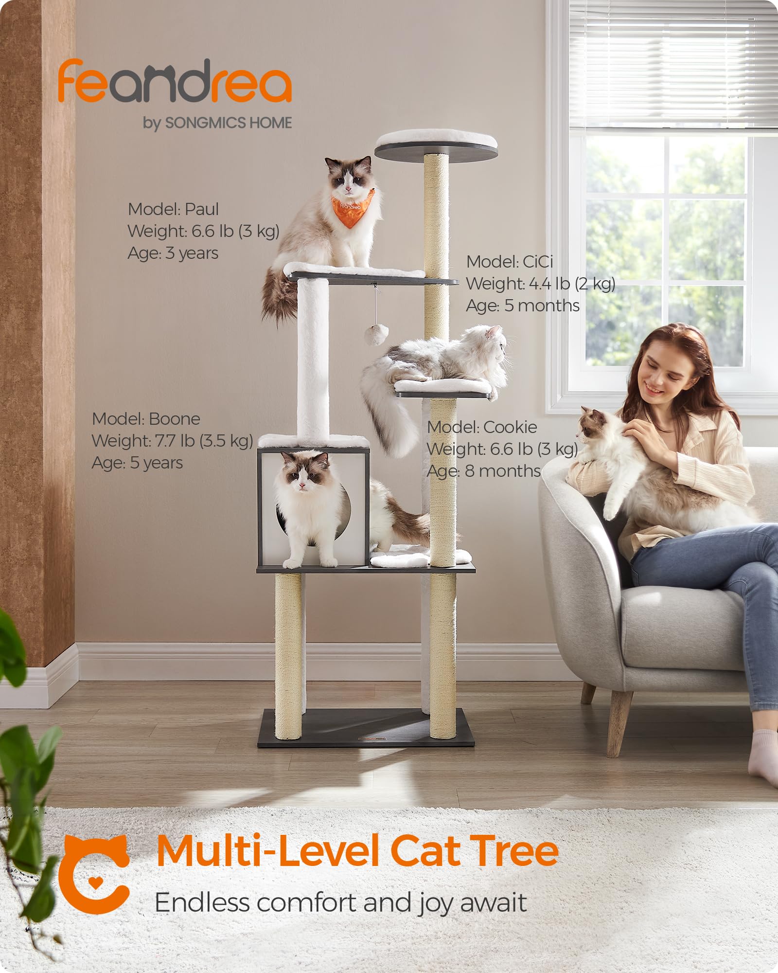 Feandrea WoodyWonders Cat Tree, 65-Inch Modern Cat Tower for Indoor Cats, Multi-Level Cat Condo with 5 Scratching Posts, Perch,