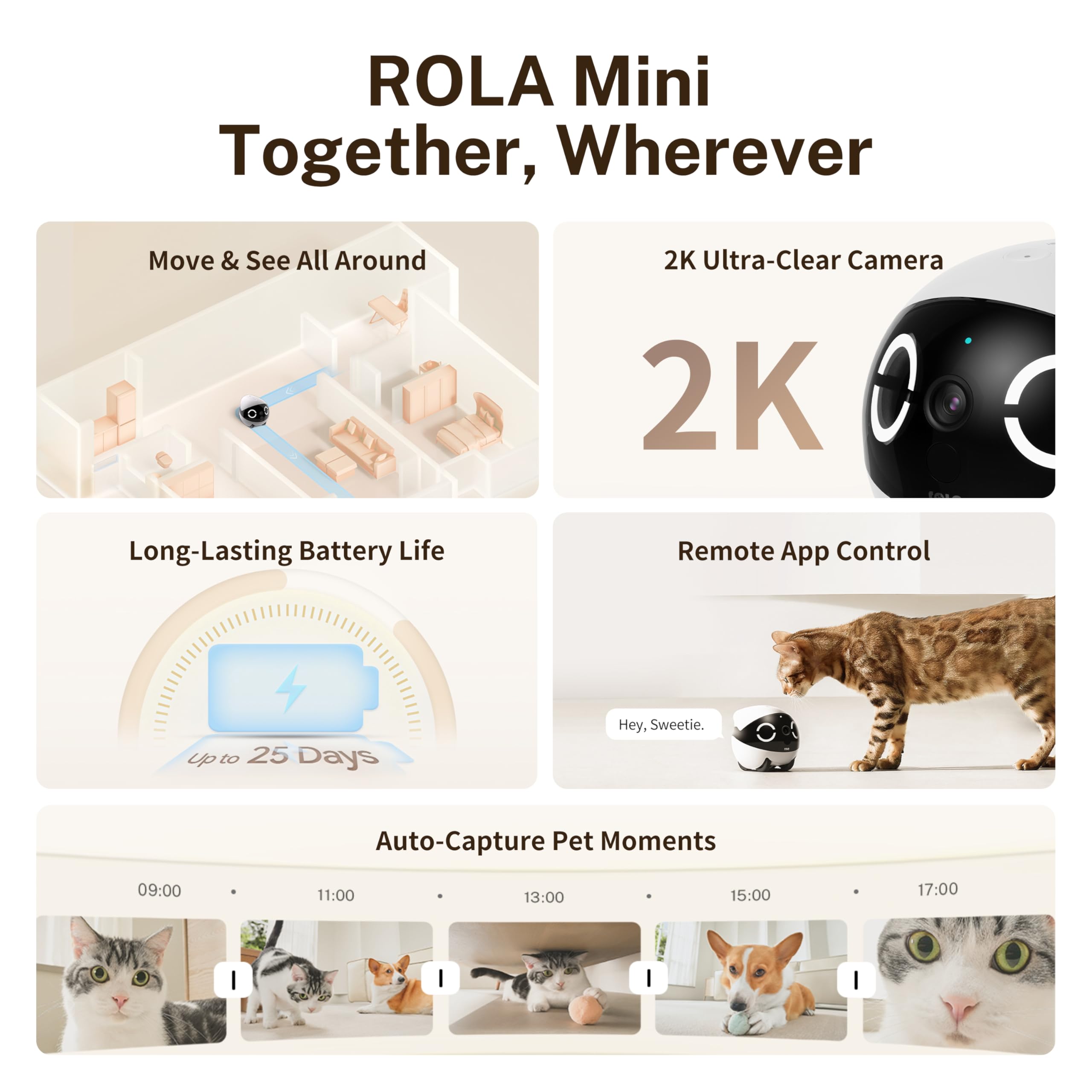 Enabot EBO ROLA Mini 2K Camera Robot: Movable Pet Camera Battery-Powered with Phone App, Indoor Cam w/One-Touch Call, 2-Way Talk