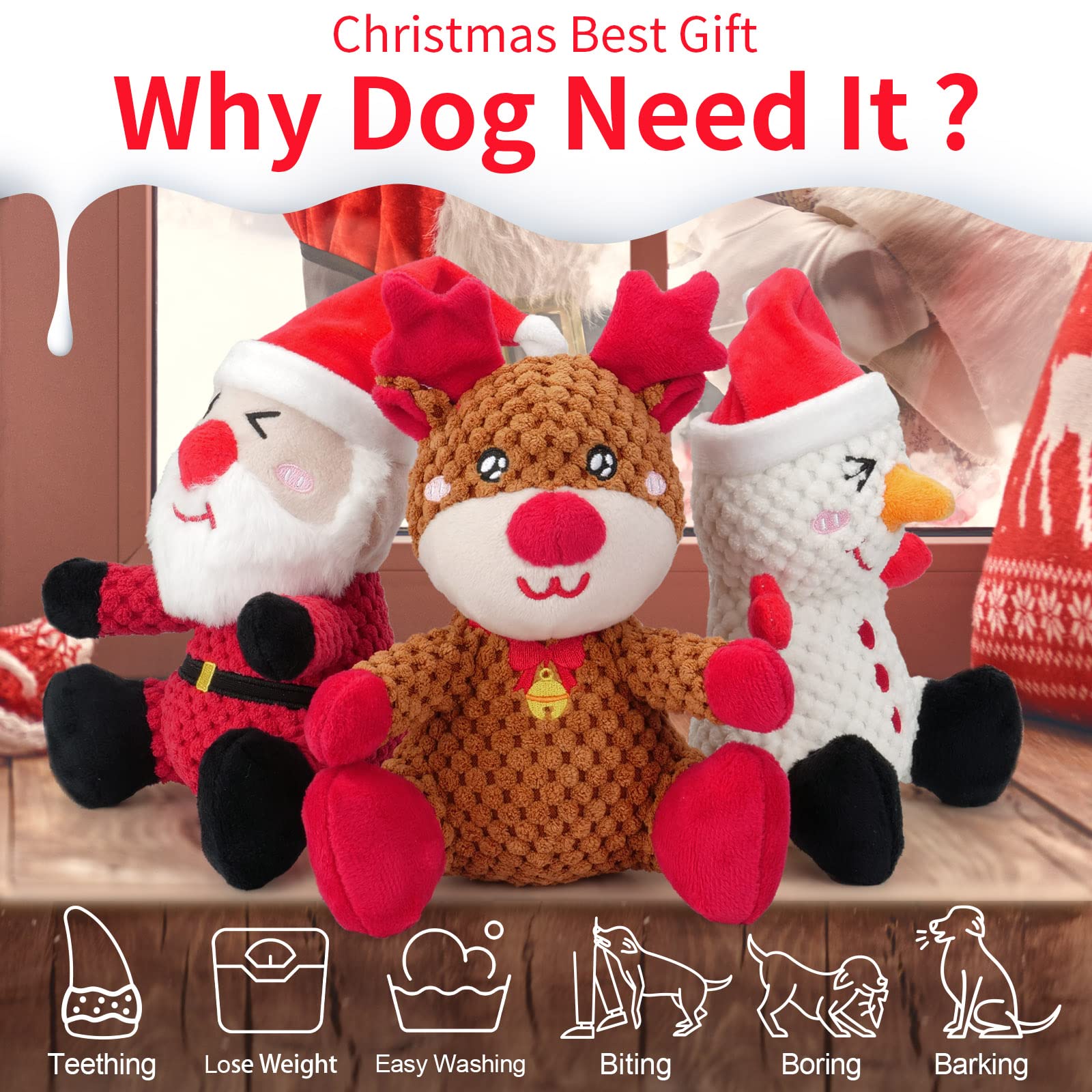 Epesiri Christmas Plush Dog Squeaky Toys For Large Breed, 3 Pack Durable Dog Toys For Medium Dogs, Cute Christmas Puppy Toys Wit