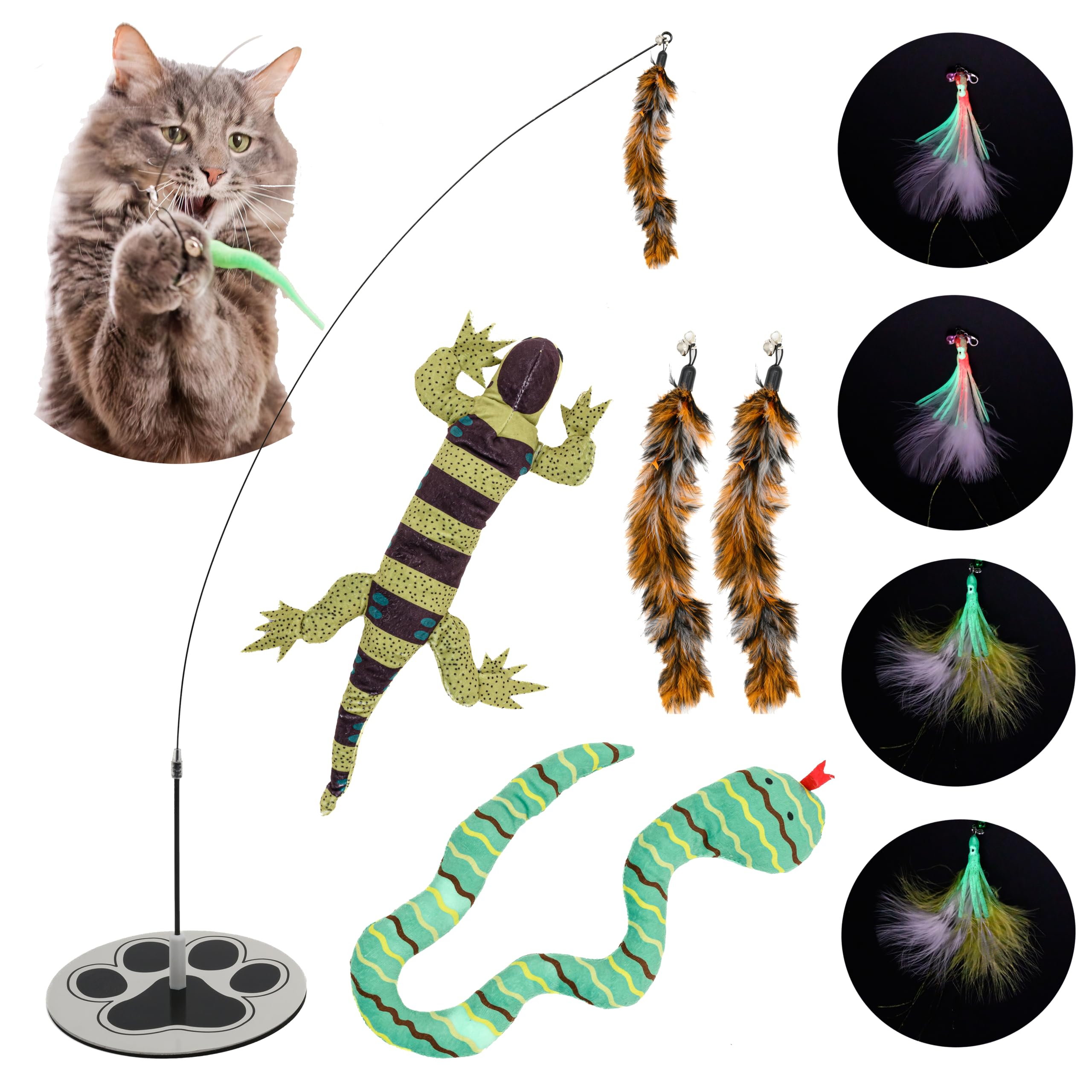 Gadgetsology Cat Wand Toy With Round Base - Interactive Feather & Glow-In-The-Dark Octopus Attachments - Suction Cup Cat Toy For