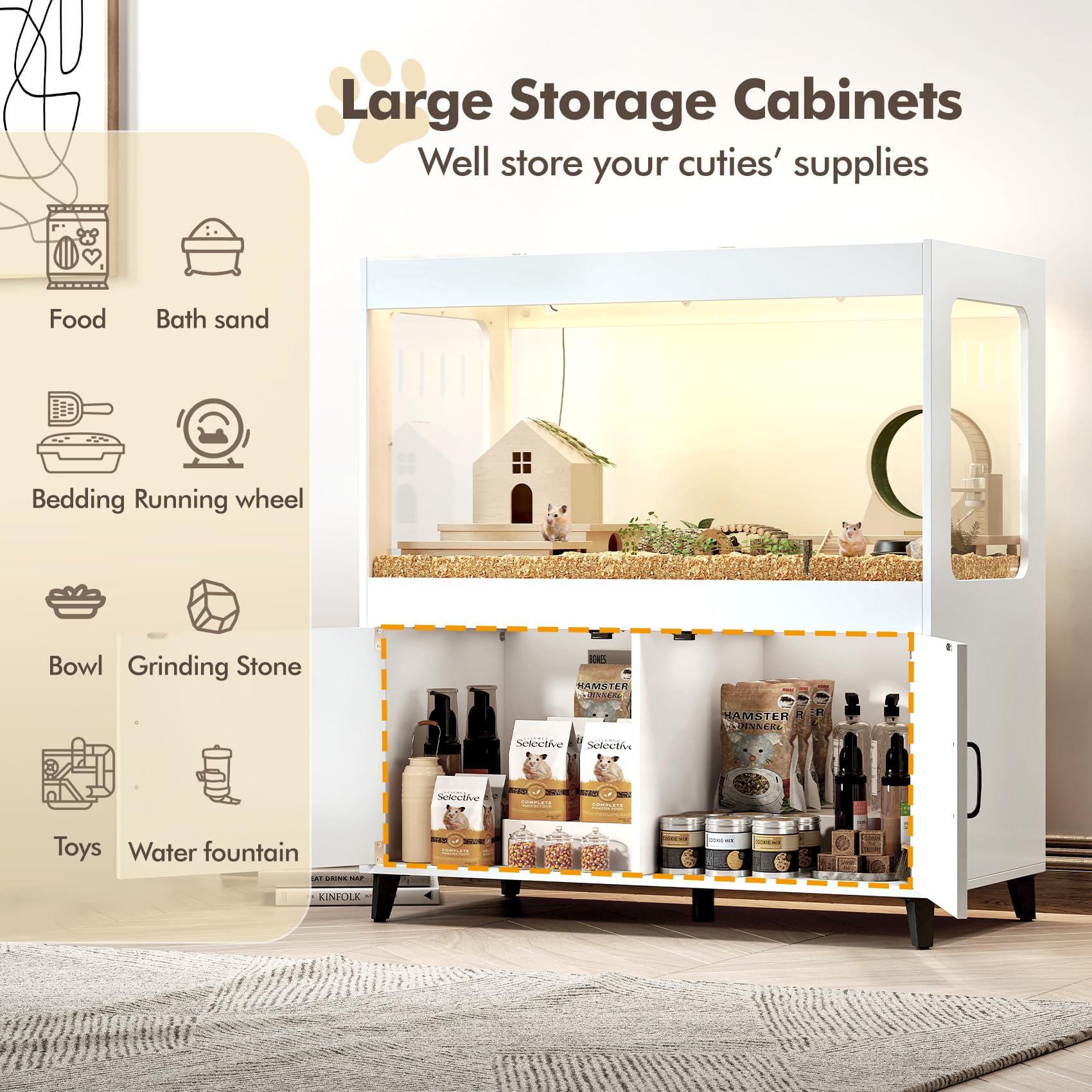 Tc-Homeny Large Hamster Cage Cabinet With Storage, Hamster Cage With Led Lights Easy 360 View Acrylic Panels, Small Animal Cage