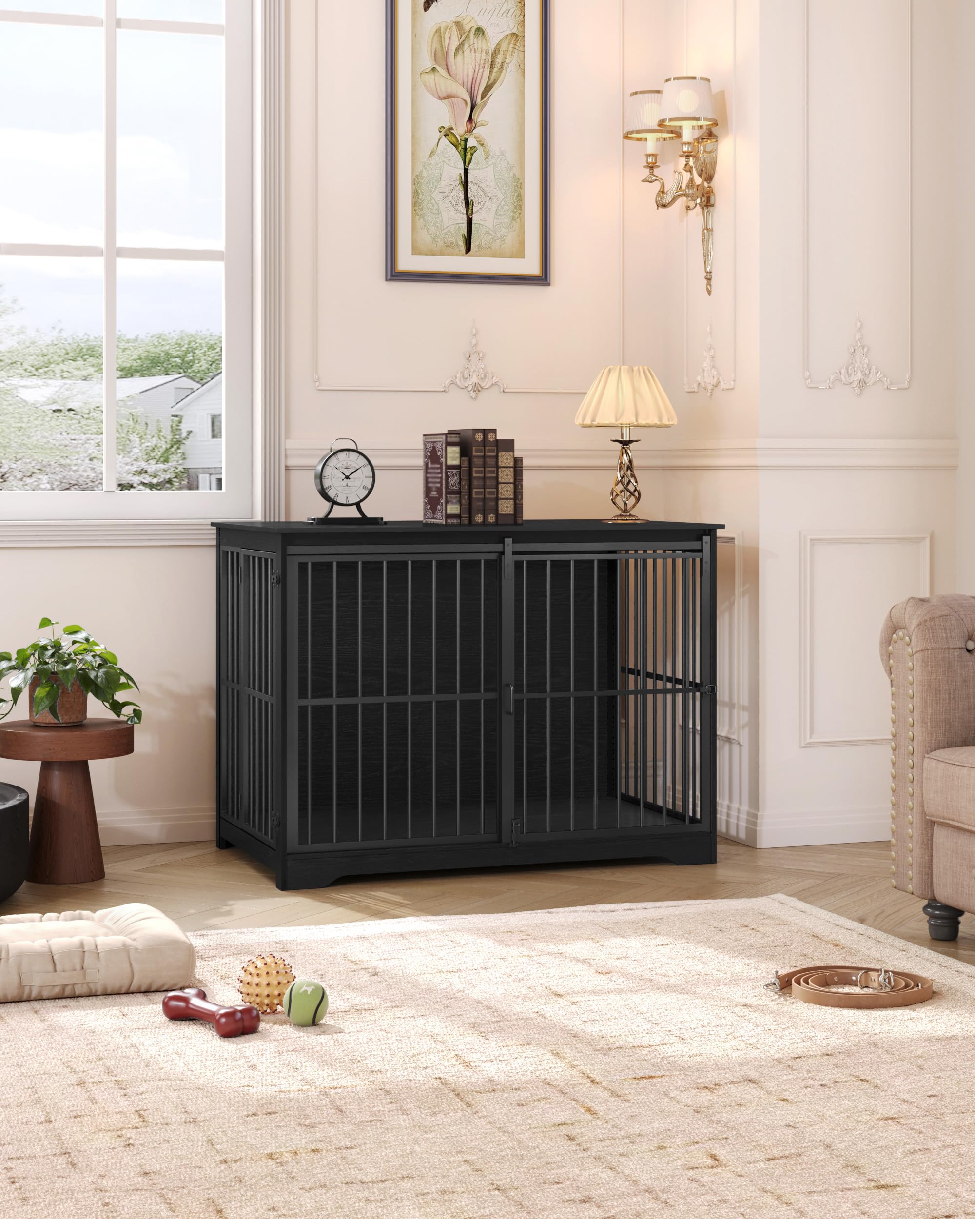 Hzuaneri XXL Large Dog Crate - Heavy Duty Wooden Kennel with Barn Door, 46.9" x 28.3" x 34.6", Black, Model DFC