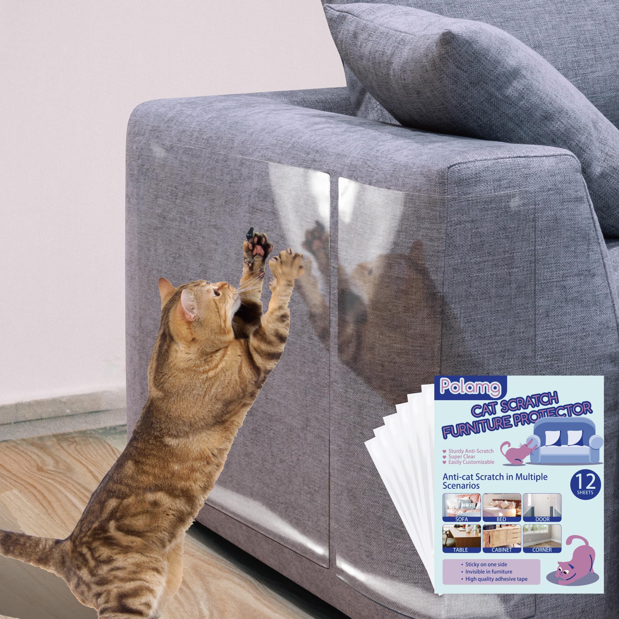 Anti-Cat Scratch Furniture Protector-12-Pack -Single-Sided, Heavy-Duty Self-Adhesive Tape, No-Residue for Couch, Doors & Walls -