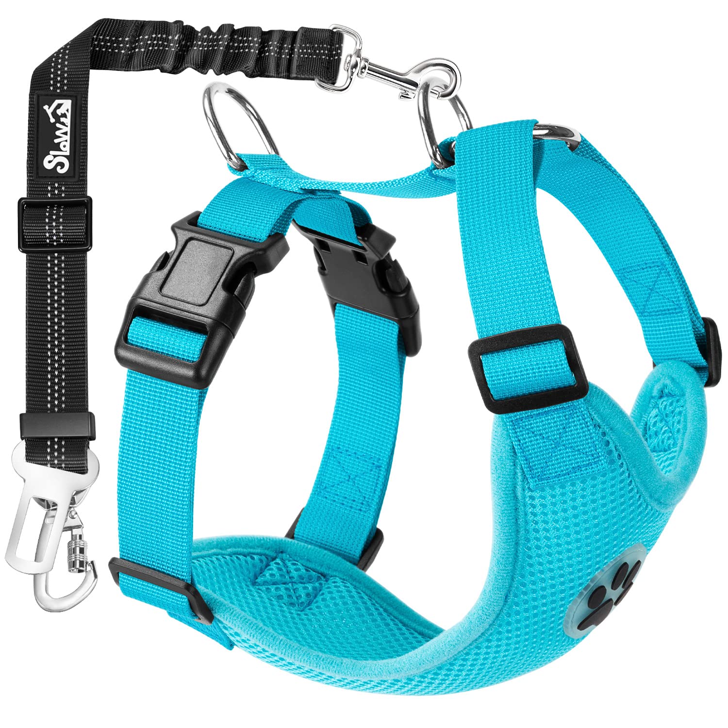 Slowton Dog Car Harness Seat Belt Set, Dog Vest Harness Adjustable Mesh Breathable & Vehicle Safety Seatbelt Tether With Elastic Bungee For Small Medium Large Pets (Light Blue, L)