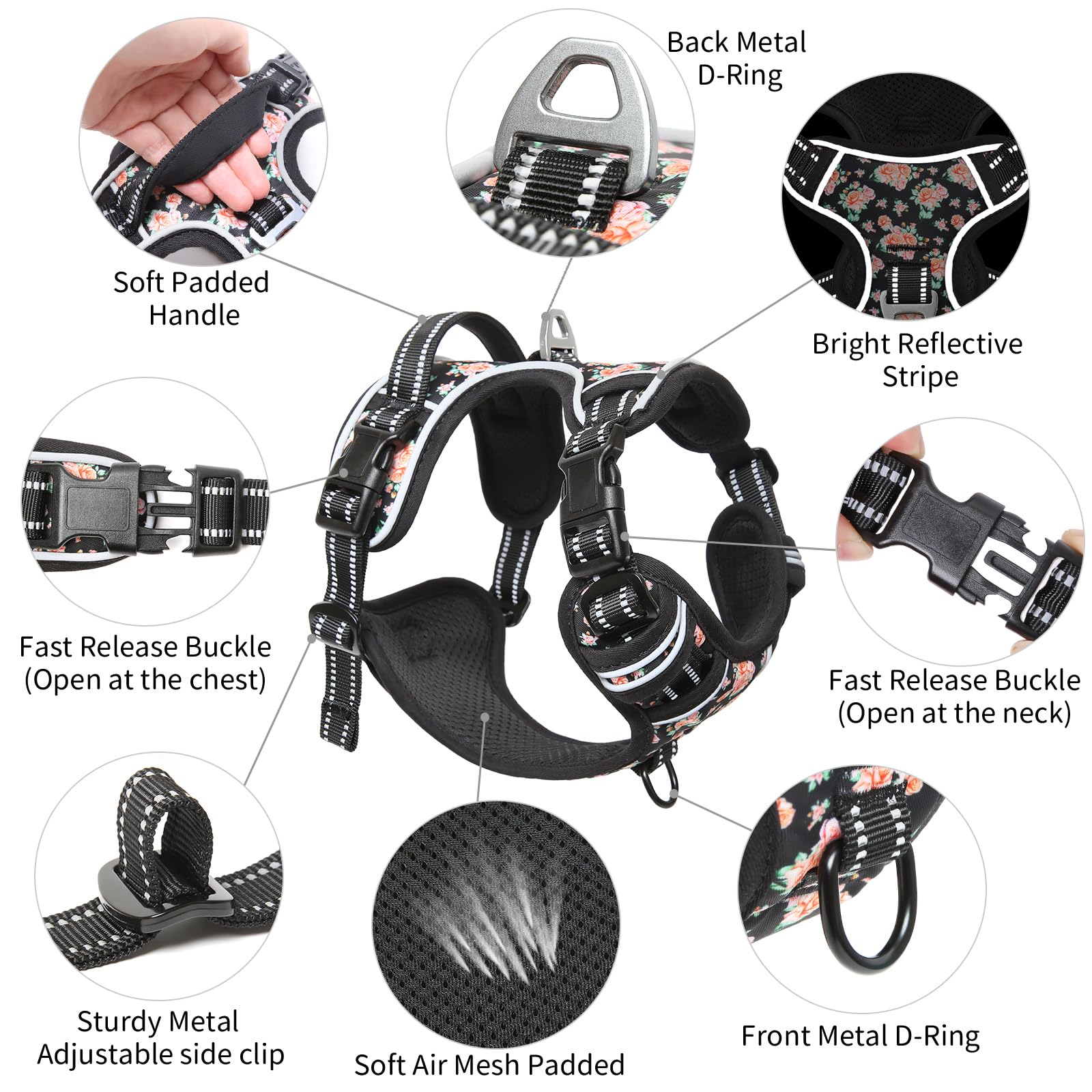 Timos Dog Harness, No Need Go Over Dogs Head 3 Snap Buckles With 2 Leash Clips, Adjustable Soft Padded No-Pull Dog Harness, Refl