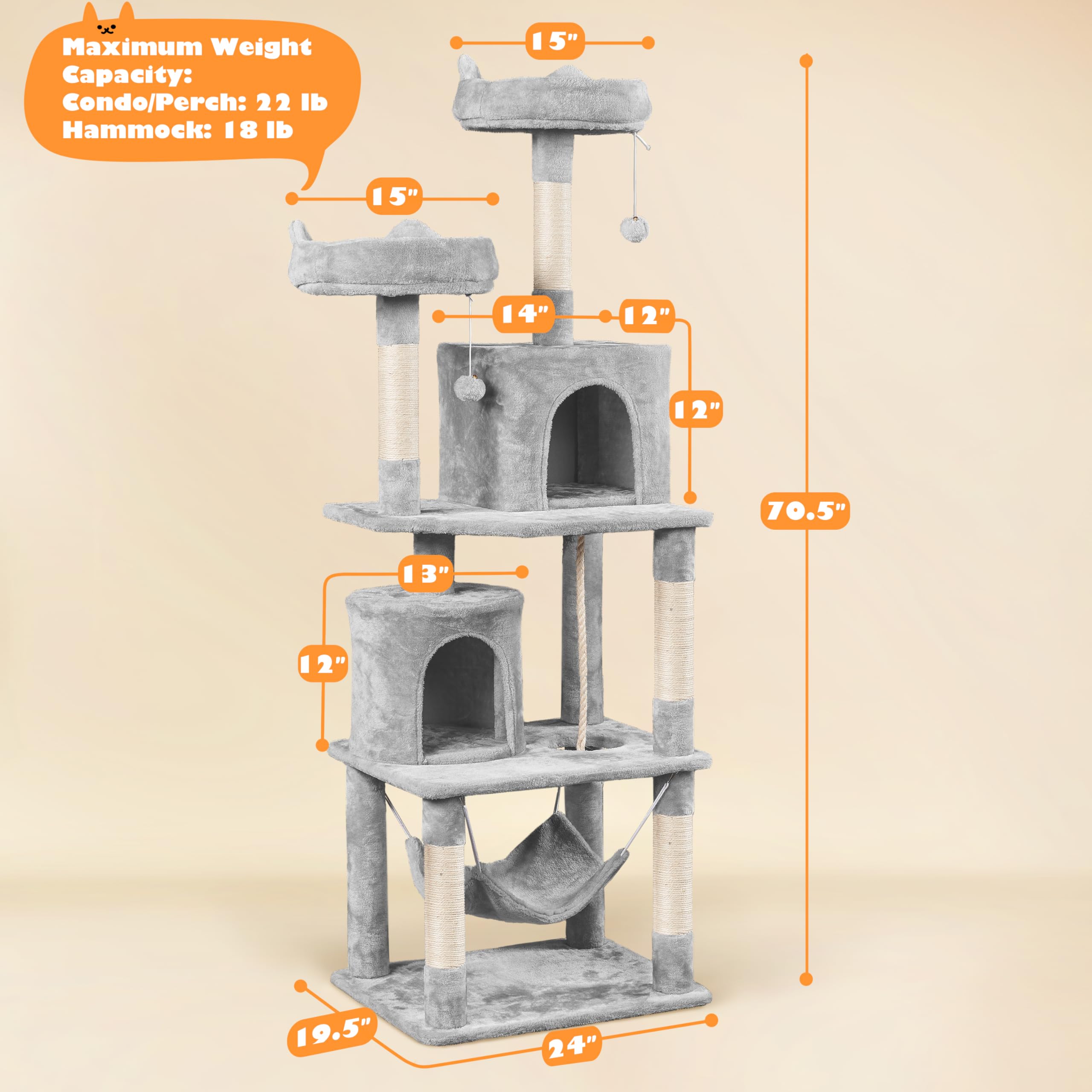 Yaheetech Cat Tree Tower, 70.5In Multi Level Cat Tree Kitten Condo With 2 Condos & 2 Plush Perches & Scratching Post & Dangling