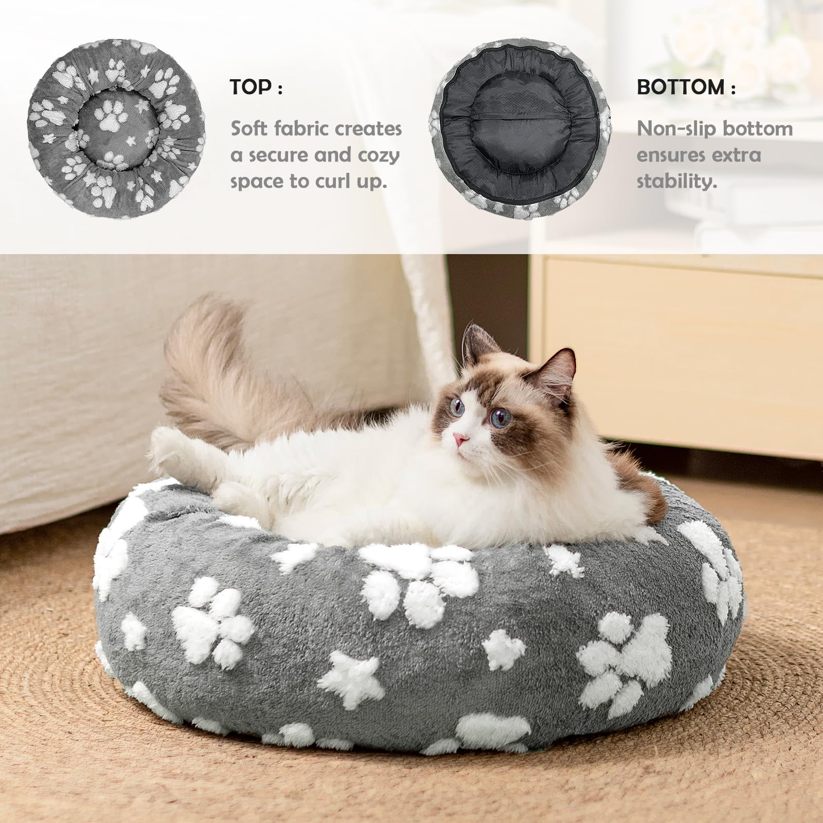 Yaning Donut Dog Beds For Small Dogs, Calming Round Cat Beds For Indoor Cats, Cute 3D Textured Paw Pet Bed With Removable Washab