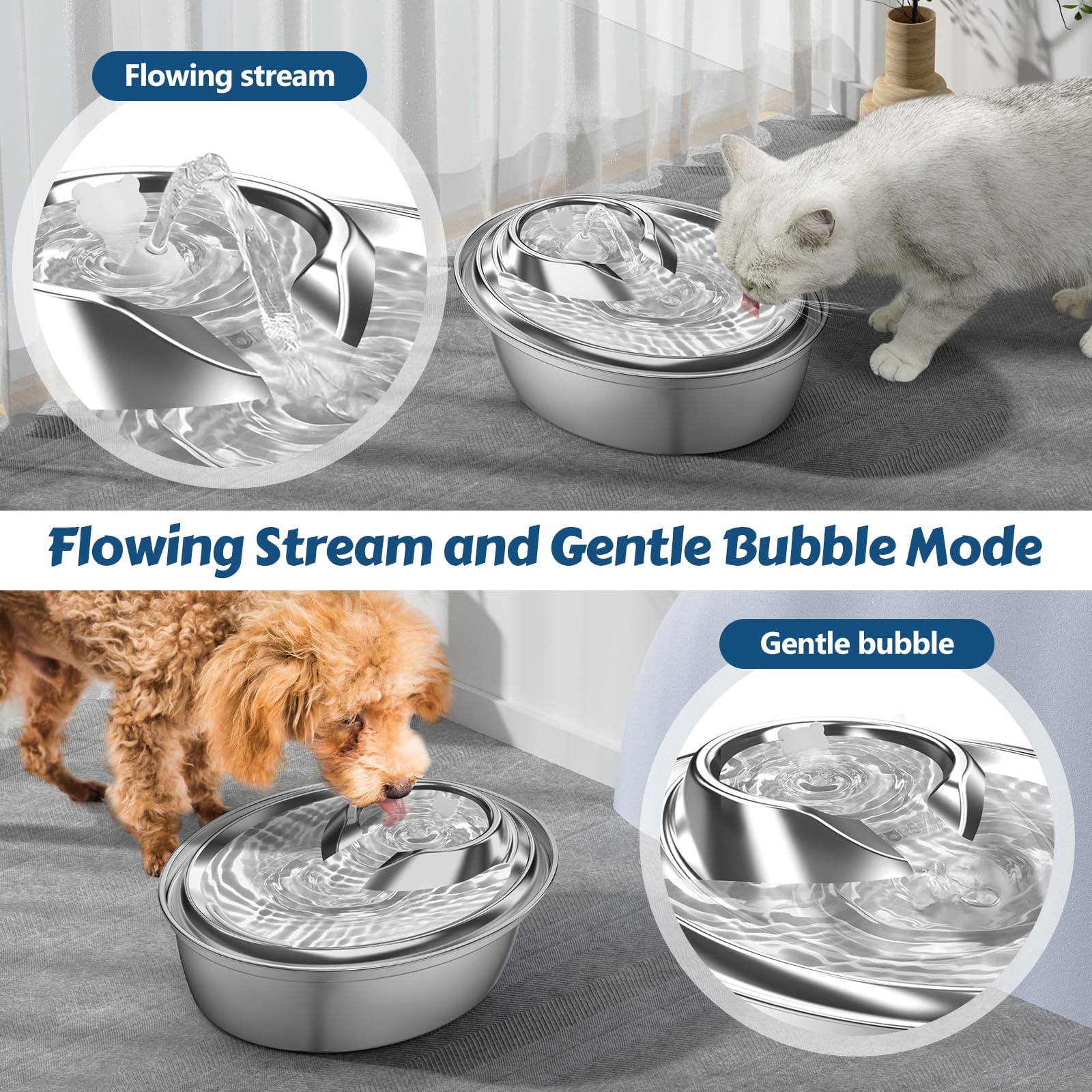 Orsda Cat Water Fountain, 2L Stainless Steel Pet Water Fountain, Automatic Drinking Fountain Dog Water Dispenser With 12 Replace