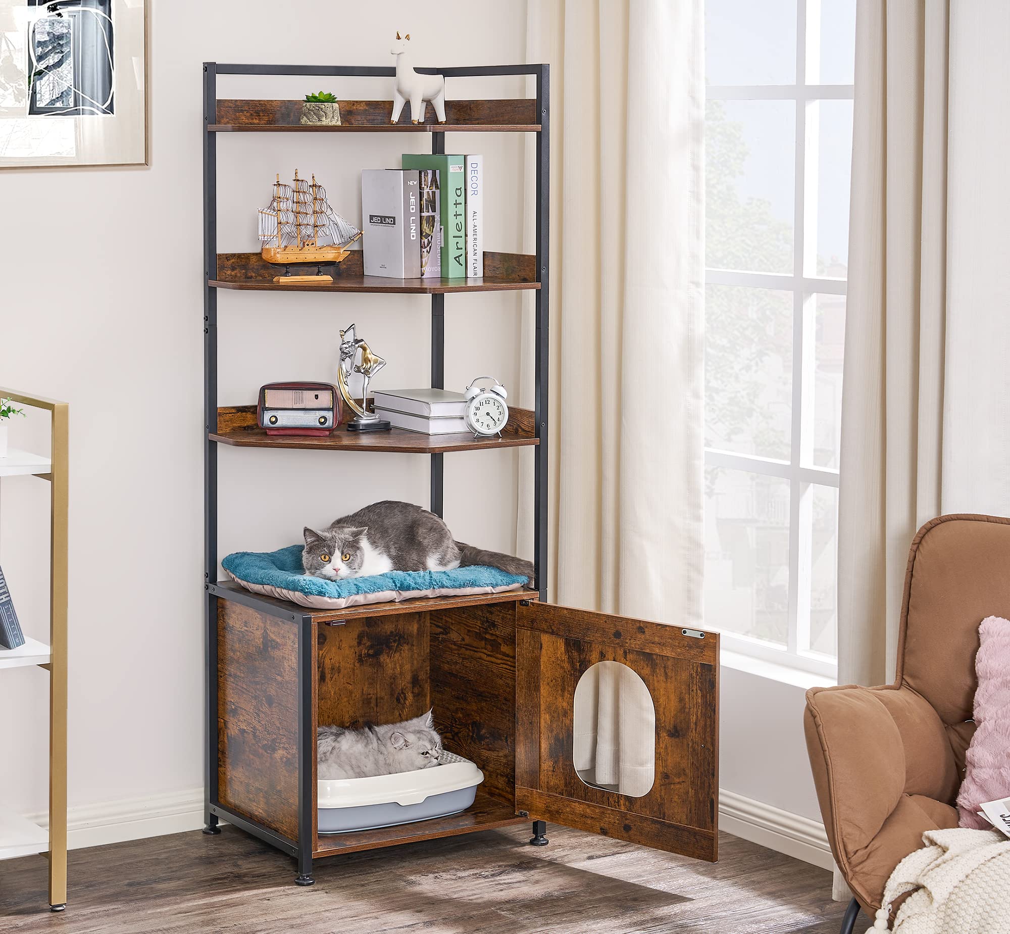 Bewishome Cat Litter Box Enclosure Furniture, Hidden Litter Box Furniture For Living Room, Large Cat Furniture With 4 Tier Shelv