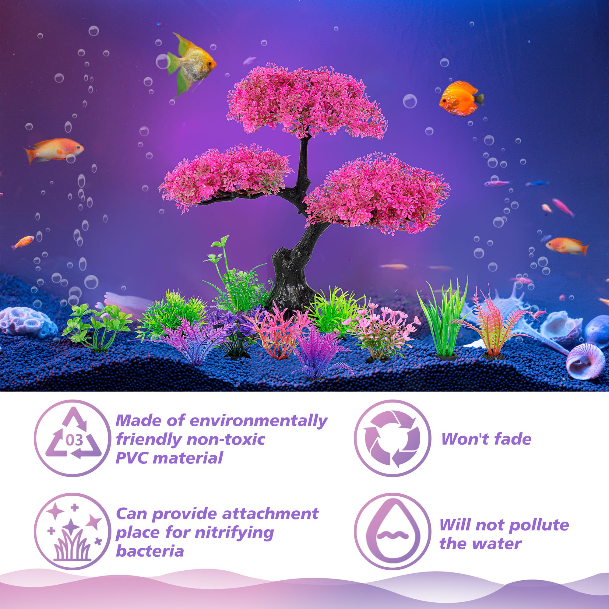 Ameliade Aquarium Artificial Plastic Plants Decoration, Pink Cherry Blossom Tree & Grass Aquarium Decor Set, Goldfish Betta Fish Tank Decorations Hides Accessories(Pink