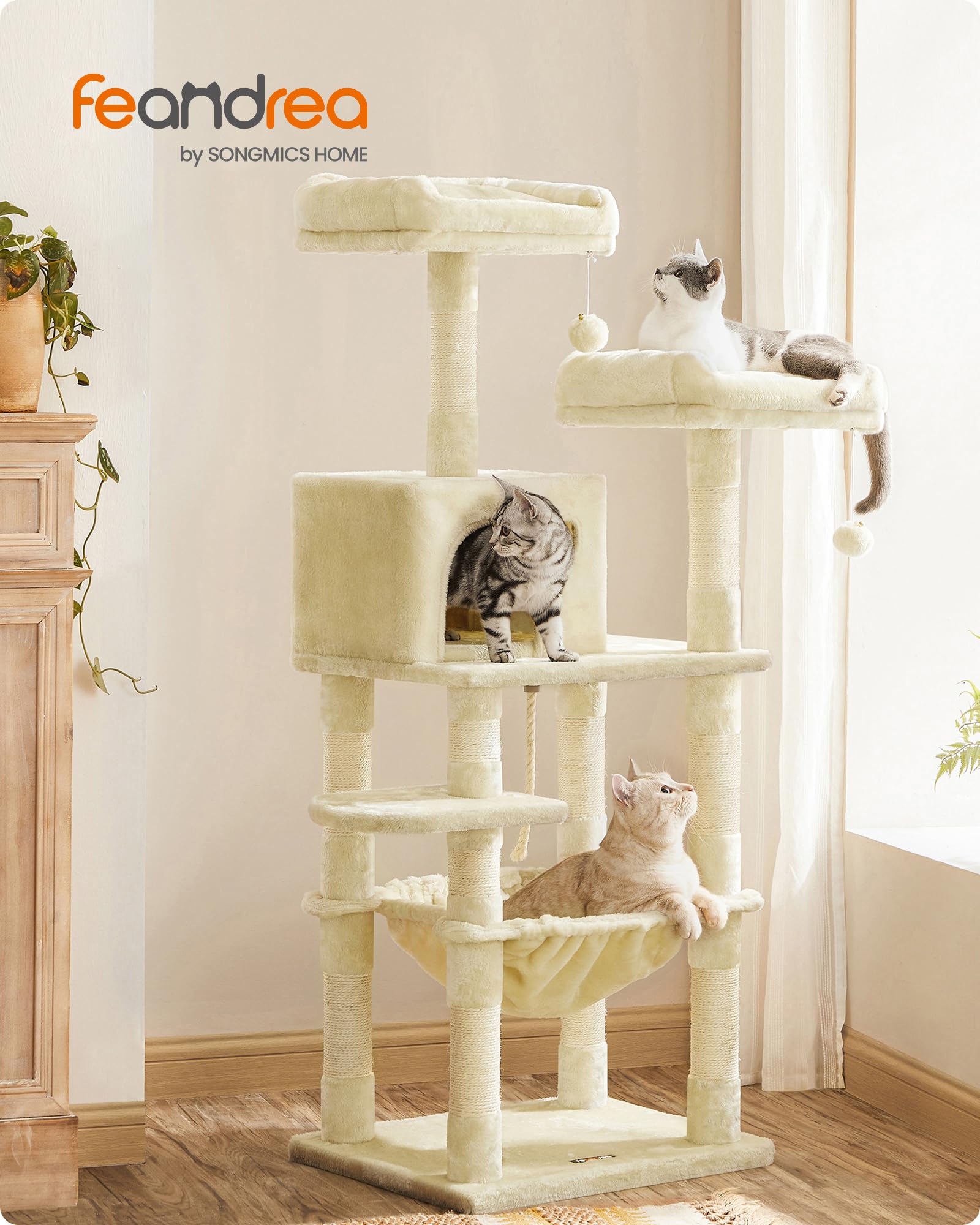Feandrea Cat Tree, 56.3-Inch Cat Tower for Indoor Cats, Multi-Level Cat Condo with 11 Scratching Posts, 2 Perches, Cave, Hammock