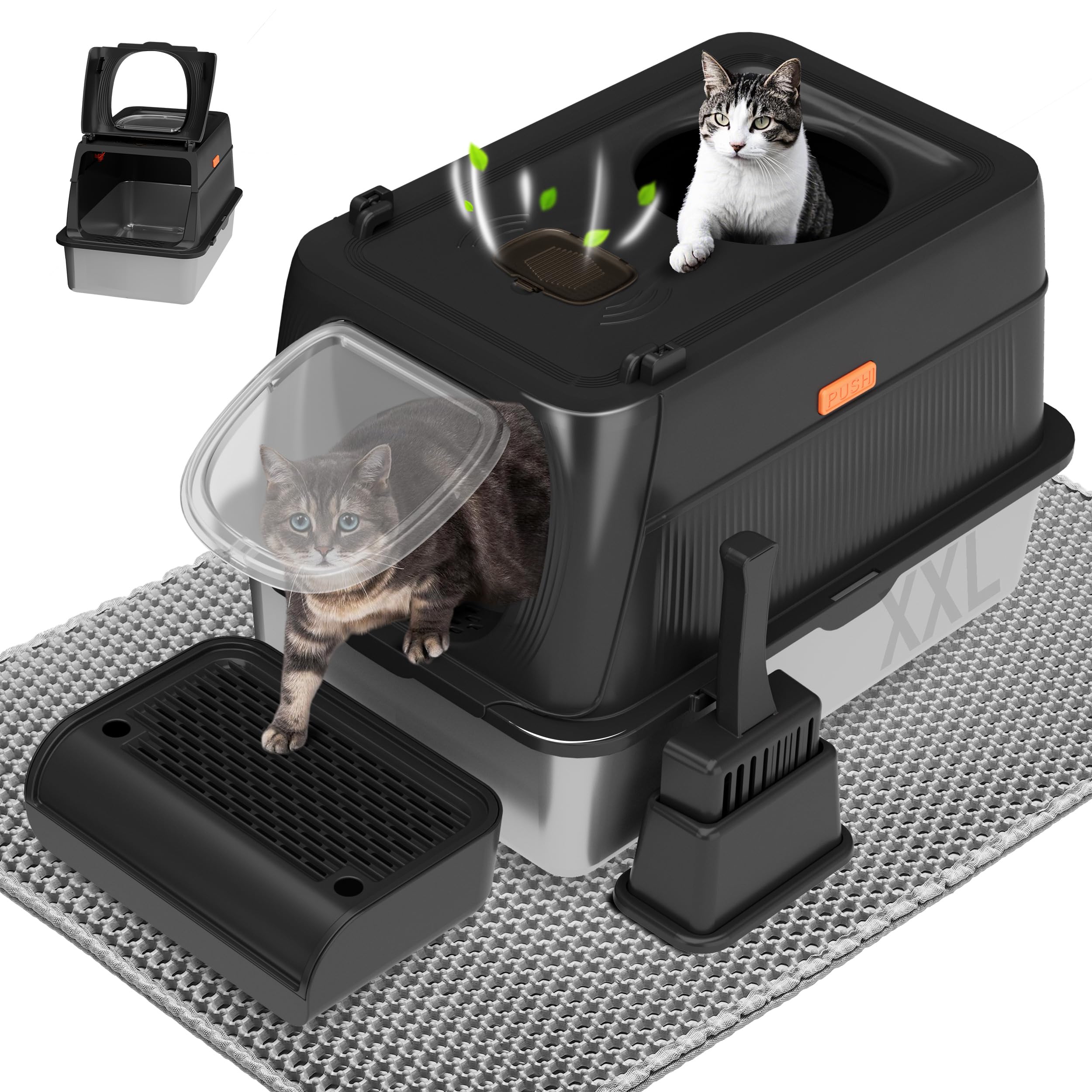 Citylife Stainless Steel Cat Litter Box with Lid, Front & Top Entry Extra Large Metal Kitty Litter Box Enclosure with Scoop & Do