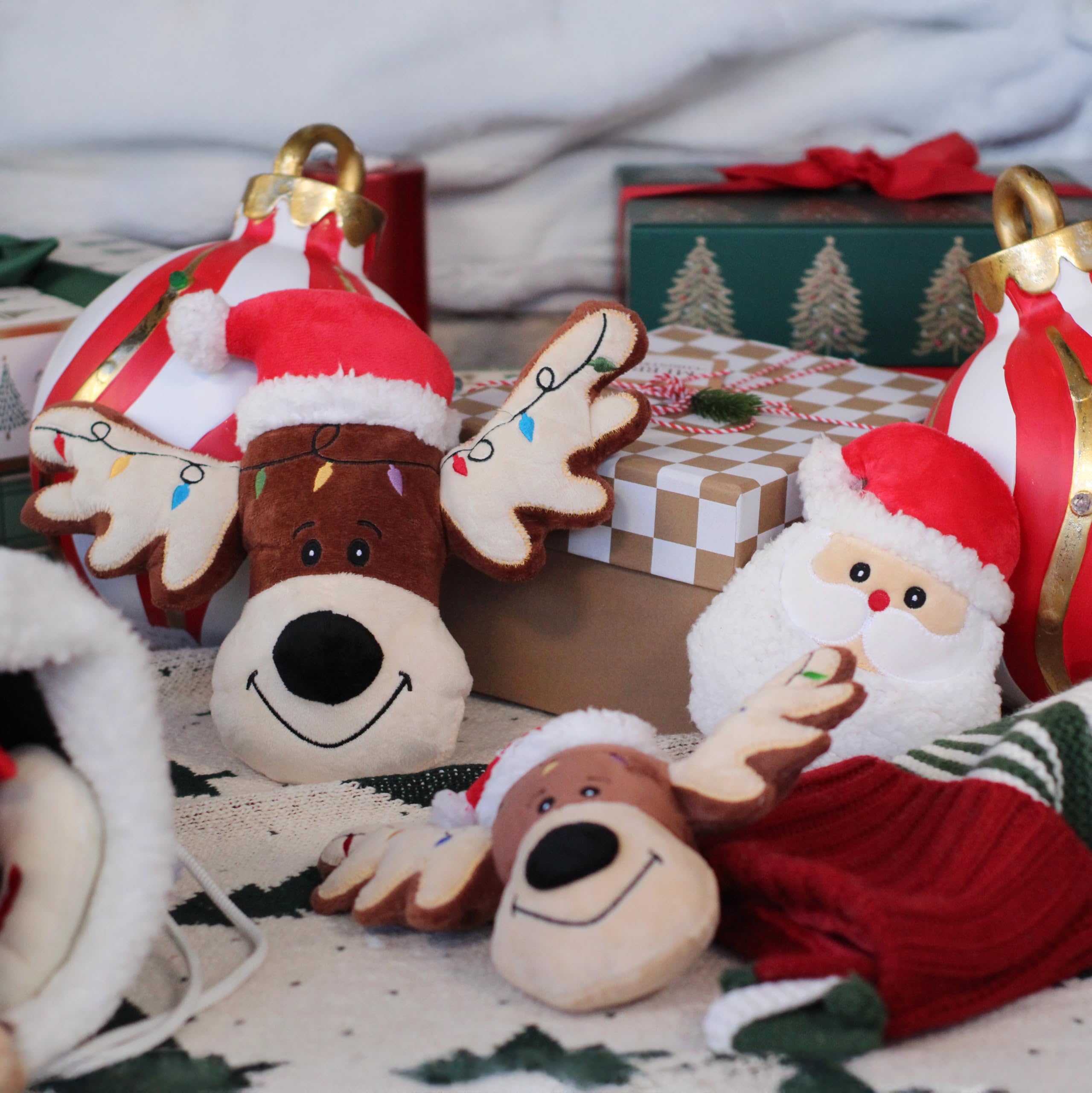 Giftable World Holiday Plush Pet Toy Fun For Christmas Designs With Squeaker Dog Chew Toy (7' Reindeer & Santa Cookie)