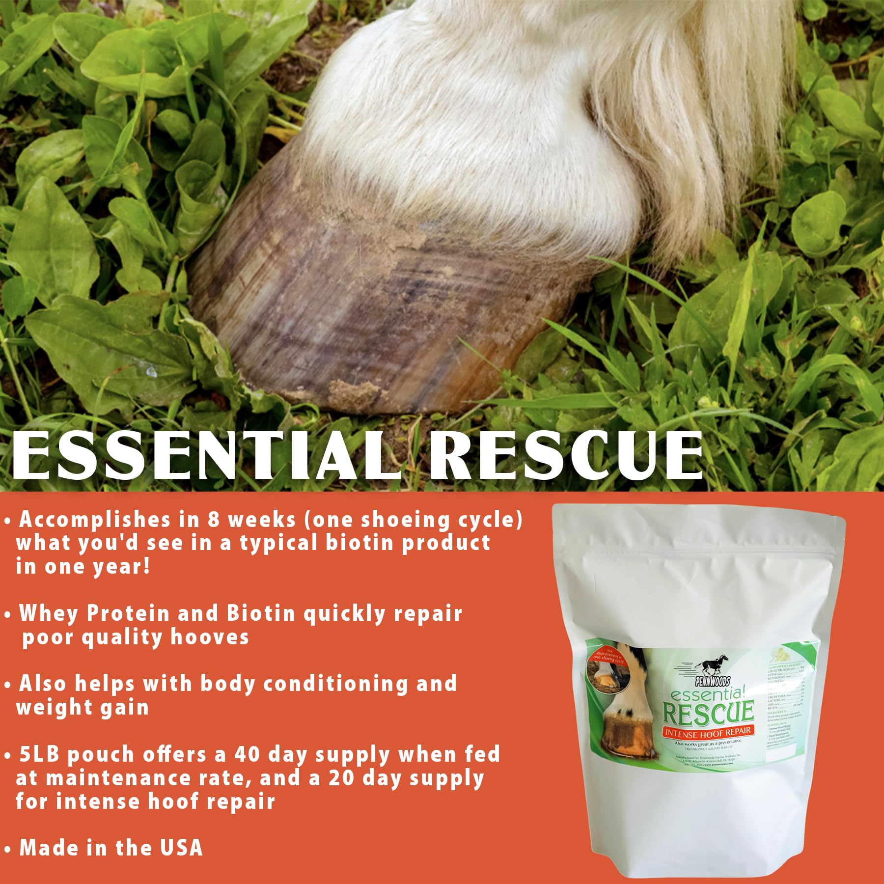 Pennwoods Essential Rescue, Hoof Supplements for Horses, Biotin & Whey Protein Formula, Weight Gain Horses, Horse Strength Suppl