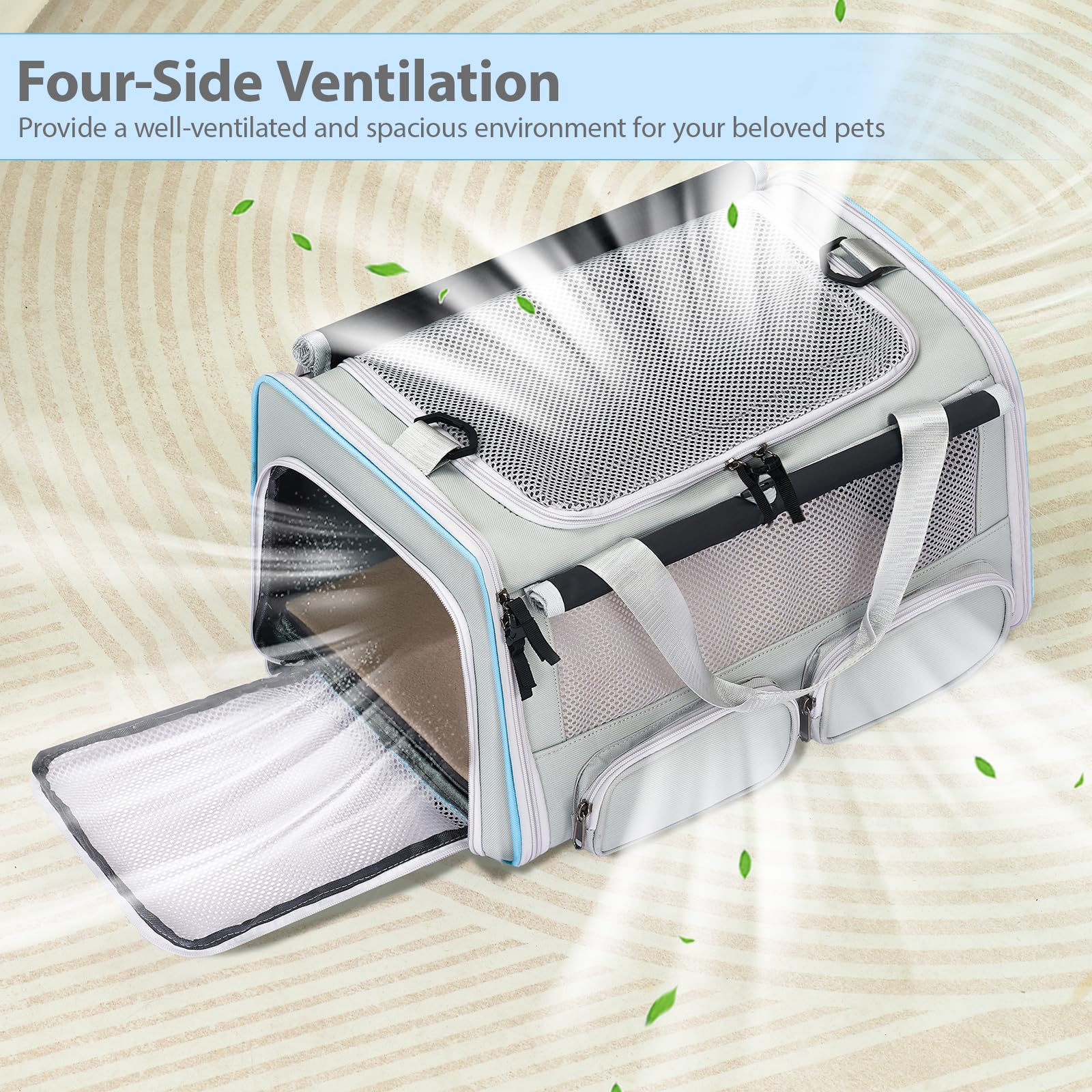 Cat, Dog Carrier For Pets Up To 20 Lbs, Soft-Sided Collapsible Pet Carrier With Upgraded Sturdy Base, Roll-Up Curtain And 2 Stor