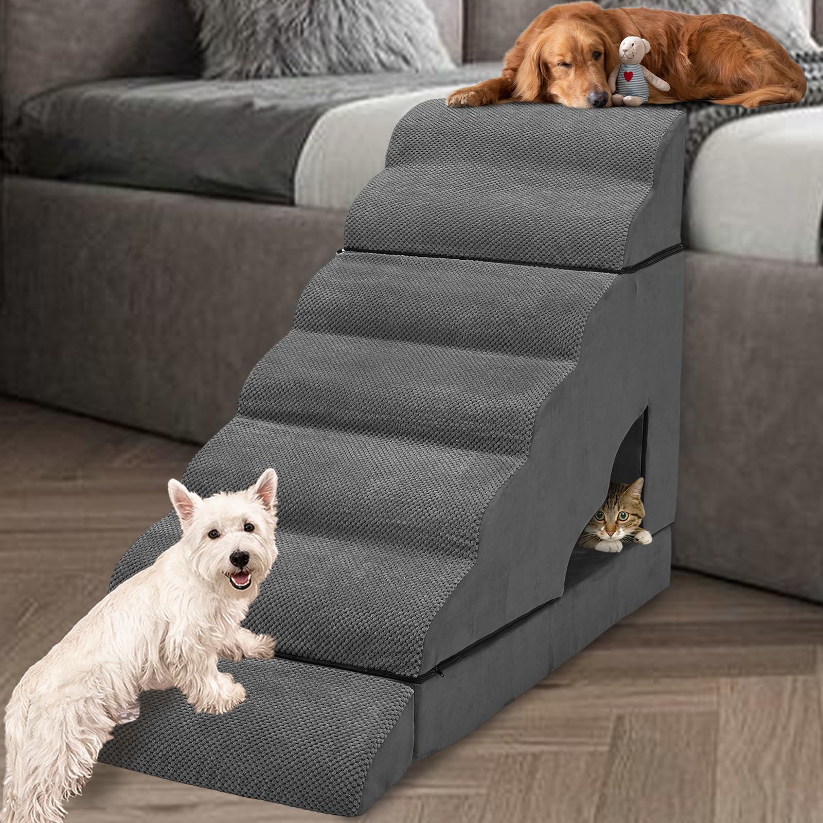 A.FATI 7 Tiers Dog Stairs for High Beds, Non-Slip Dog Steps for Beds up to 32-36 High, 34 H Pet Stair for Small Dogs, 30D Foam D