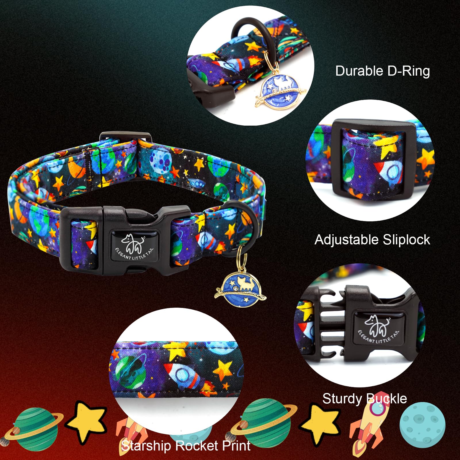 Elegant Little Tail Dog Collar-Cute Pet Dog Collar Blue Star Rocket Print Cotton Soft Girl Puppy Adjustable Pet Collars For Smal