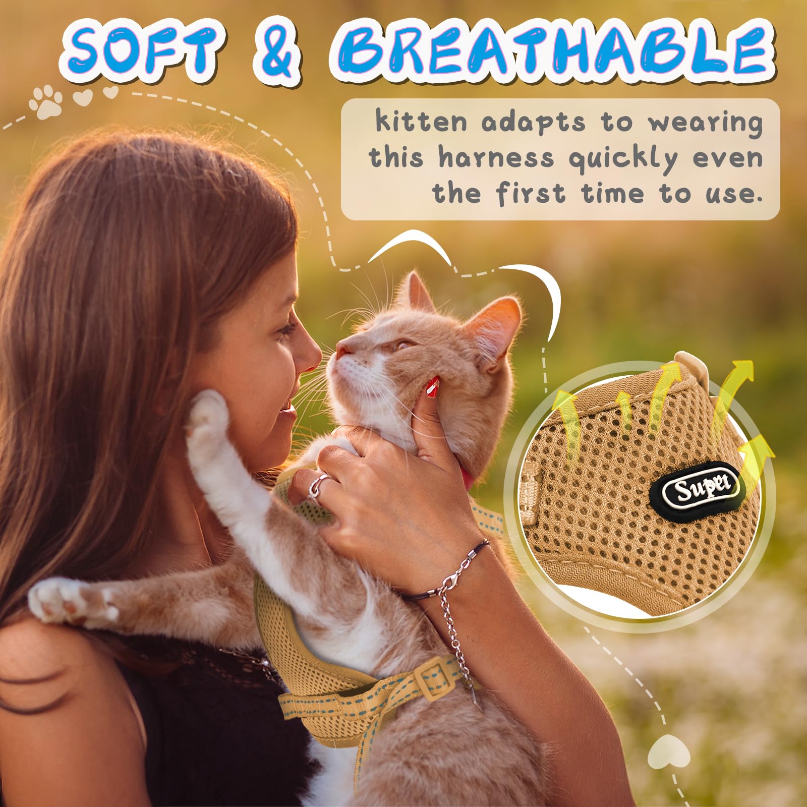 Supet Cat Harness And Leash Set For Small To Large Cats Adjustable Cat Vest Harness With Reflective Trim Universal Cat Leash And Harness For Cats/Puppies