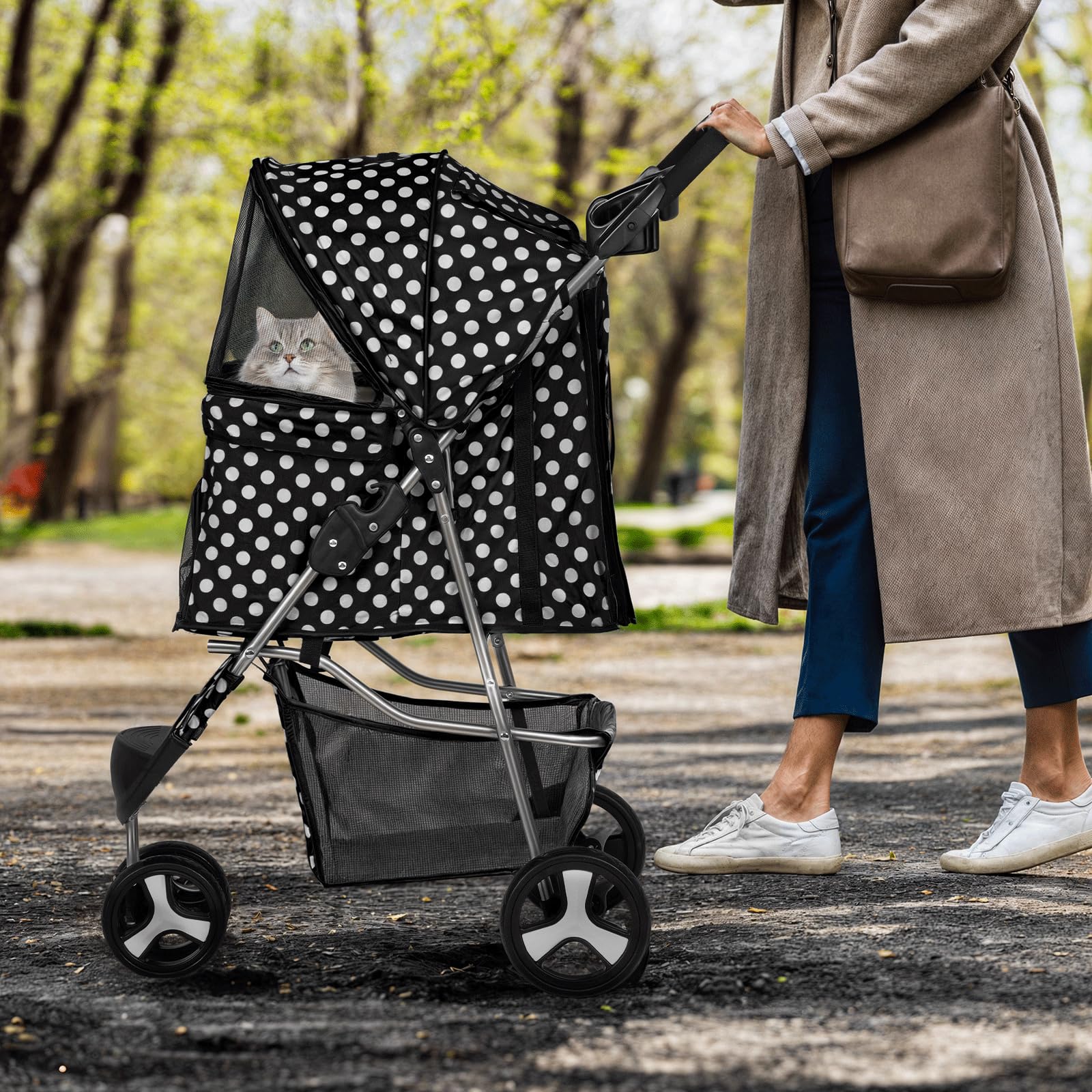 Monibloom 3 Wheels Pet Dog Cat Stroller For Small Medium Dogs Cats, Foldable Jogger Stroller W/Storage Basket And Cup Holder, Black Polka Dots