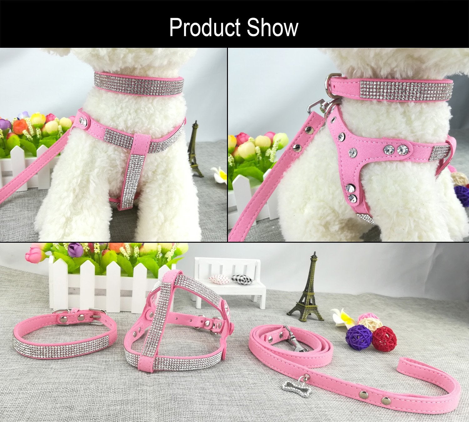 Newtensina Dog Collars & Harness & Lead Sets Fashion Dog Collar Diamante With Harness & Leashes Comfortable Soft Collar Harness And Leashes Set For Dog - Pink - S