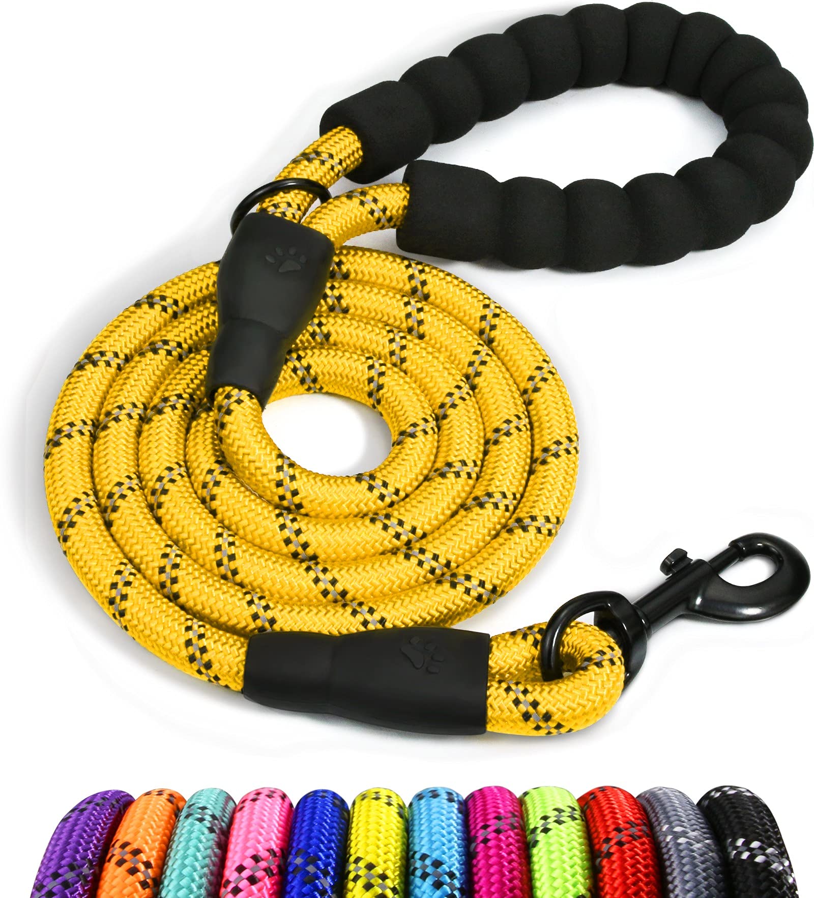 Taglory Rope Dog Leash 6 Ft With Comfortable Padded Handle, Highly Reflective Threads Dog Leash For Medium Dogs, 3/8 Inch, Yello
