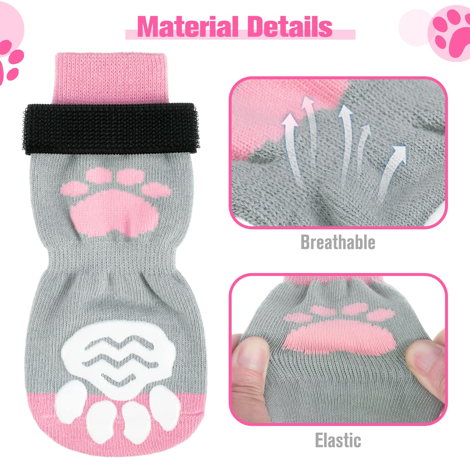 Scirokko 3 Pairs Anti-Slip Dog Socks - Adjustable Pet Non-Slip Paw Protection With Pink Paw Pattern For Puppy Doggy Indoor Traction Control Wear On Floor
