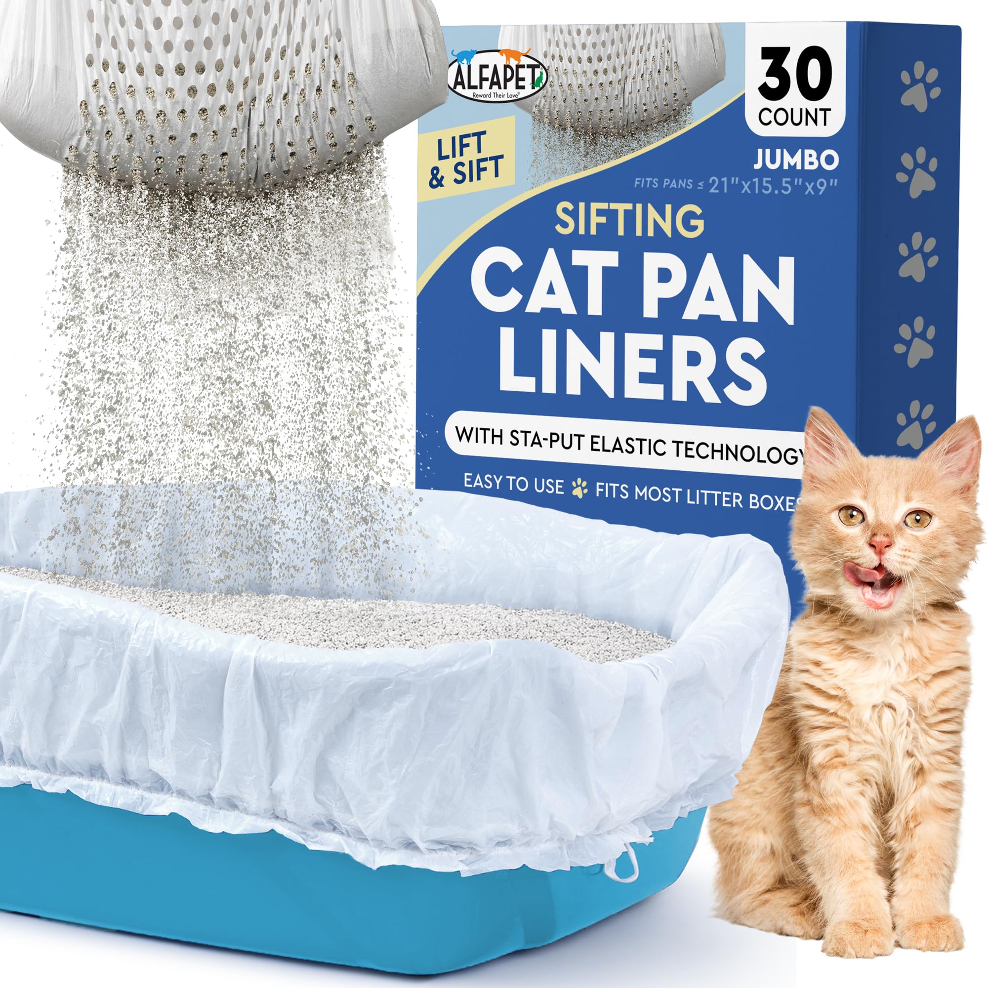 Alfapet Sifting Cat Litter Box Liners - Jumbo 30 Count, Tear-Resistant Cat Litter Bags, Waterproof Kitty Litter Liners, Fits Lit