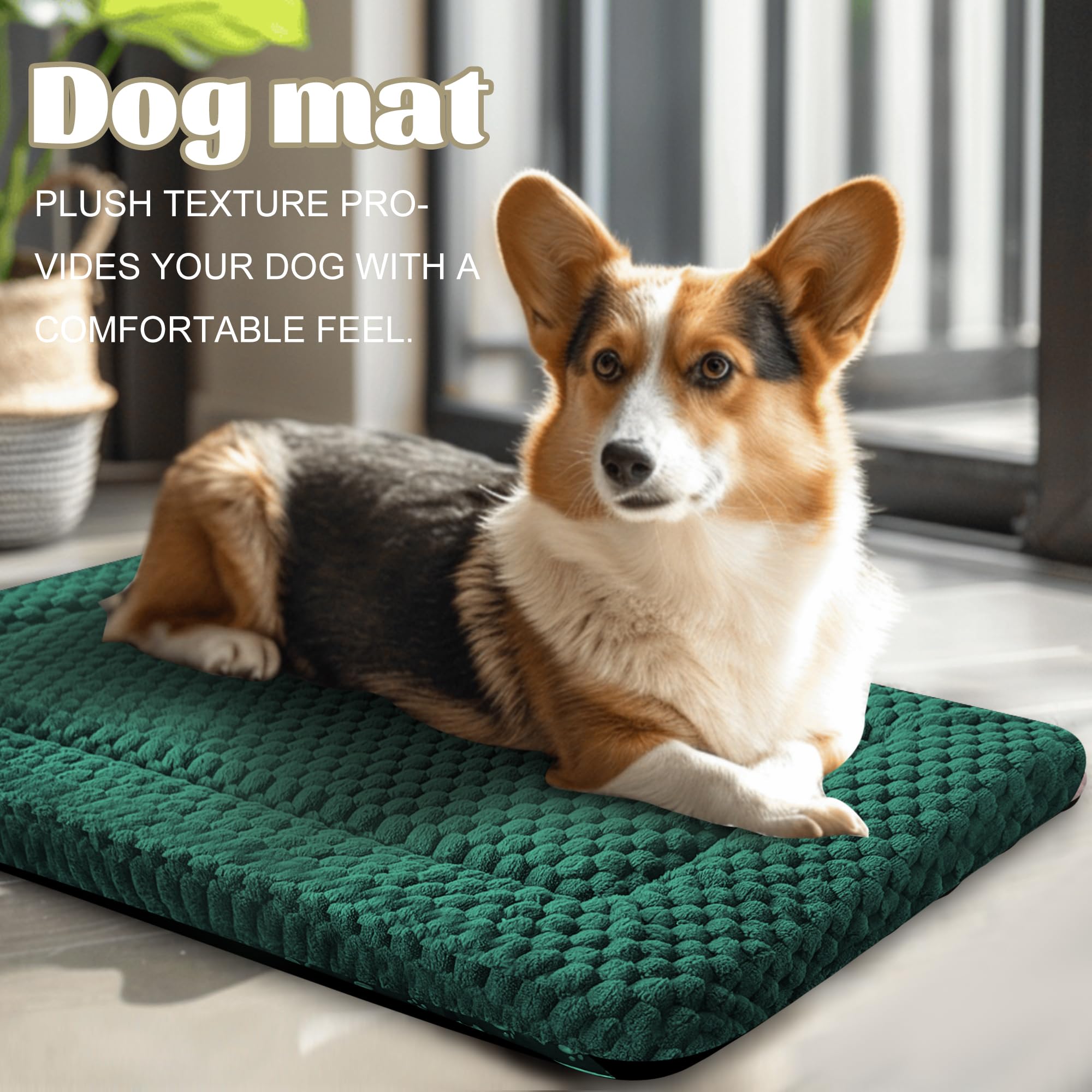 Dog Bed Crate Mat, Soft Durable Washable Anti-Slip Kennel Pad for Dogs & Cats, Reversible (Dark Green, M(30*20*1.5))