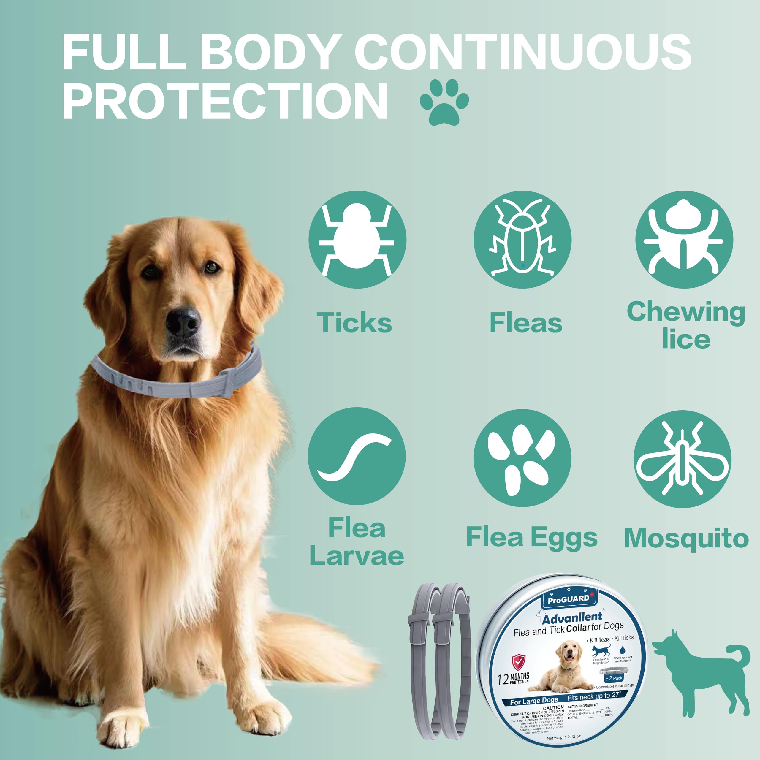 Advanllent Flea Collar For Dogs, Flea And Tick Prevention For Dogs Collar, Dog Flea And Tick Treatment, 2 Collars, 12 Months Pre