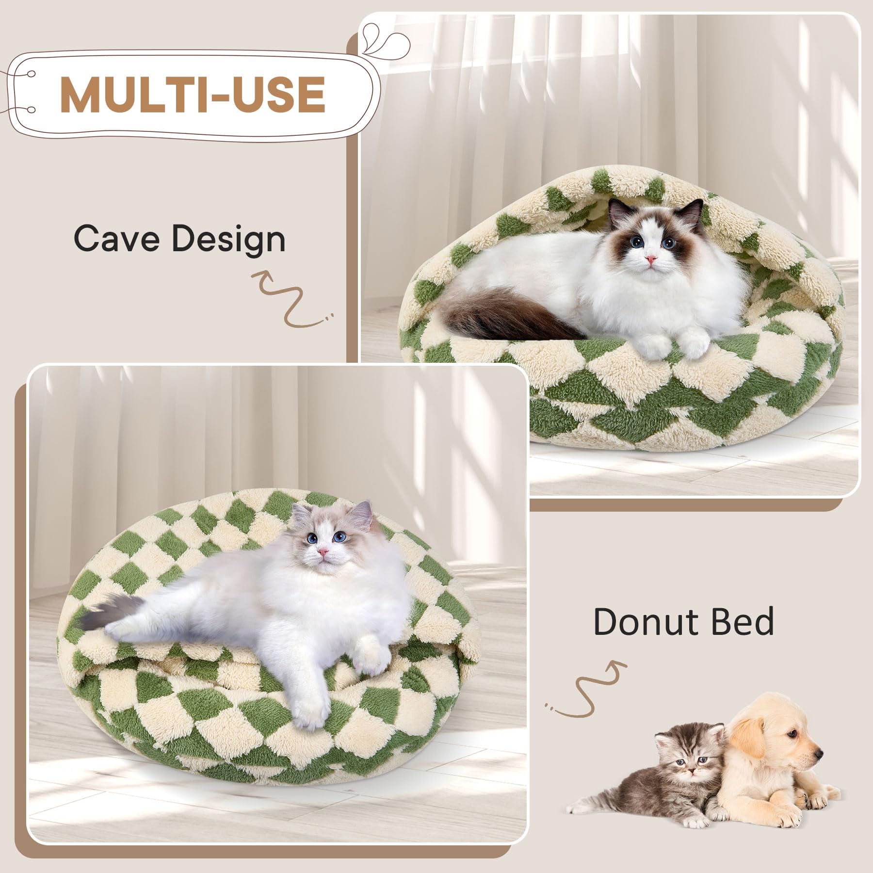 Calming Dog Beds & Cat Cave Bed With Hooded Cover, Dog Beds For Small Dogs, Faux Fur Cuddler Round Comfortable Self Warming Pet