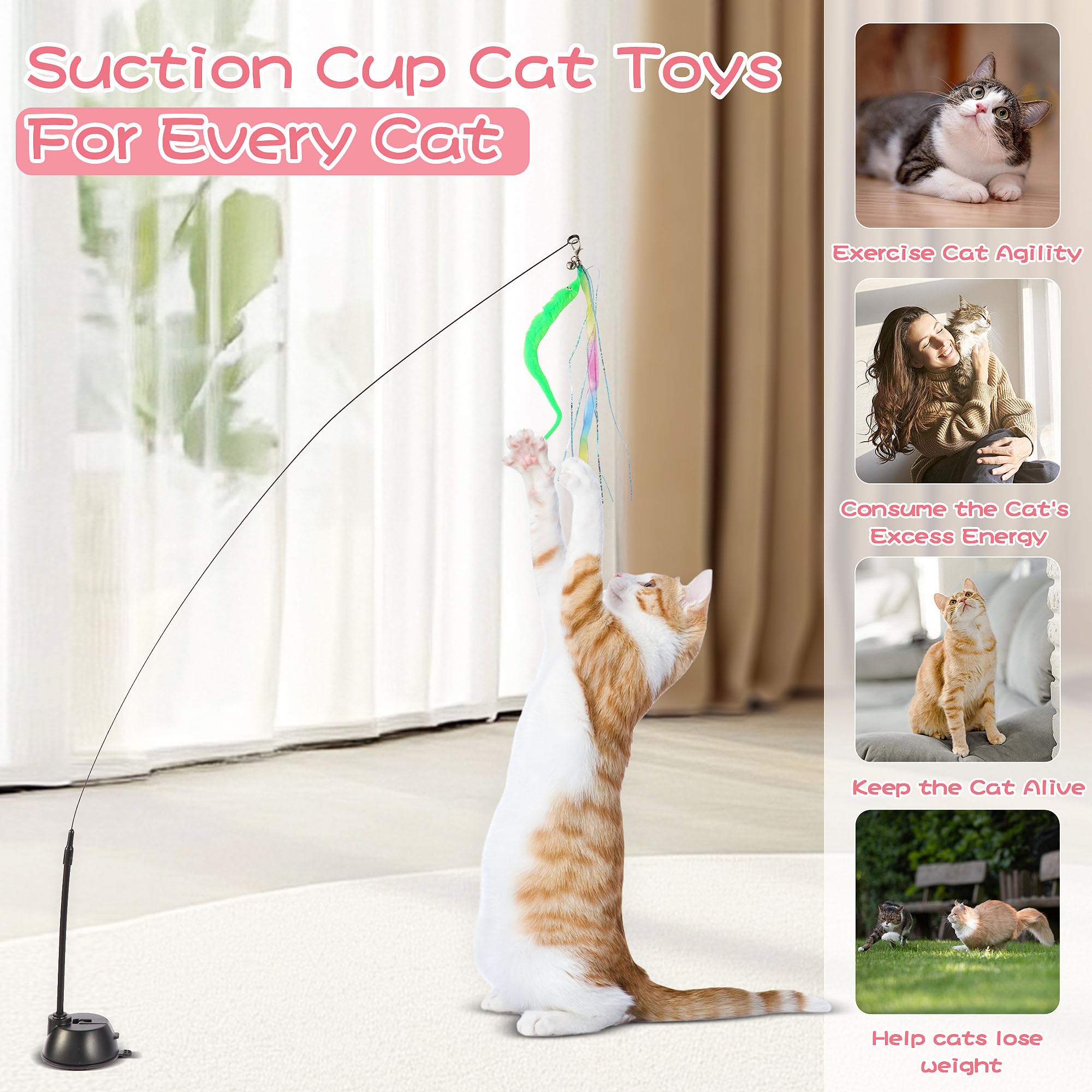 Kojude Cat Wand Toys With Suction Cup,Interactive Bird Simulation Cat Toy Set,Include 1 Replacement Birds And 5 Feather Toys Wit