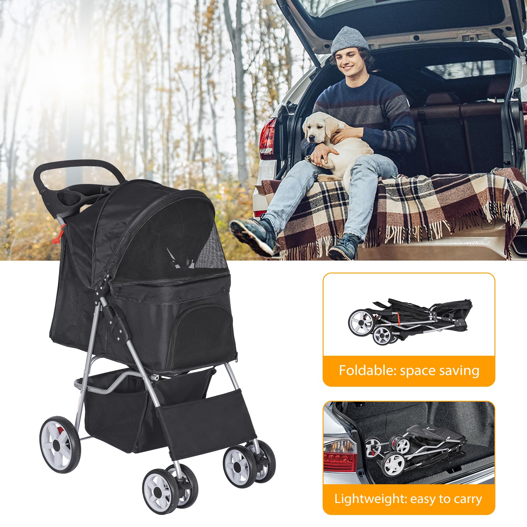 Epetlover Pet Stroller For Dogs, Black 4 Wheels Cat Strolling Cart Foldable Travel Carrier, Waterproof Puppy Jogger Stroller Wit