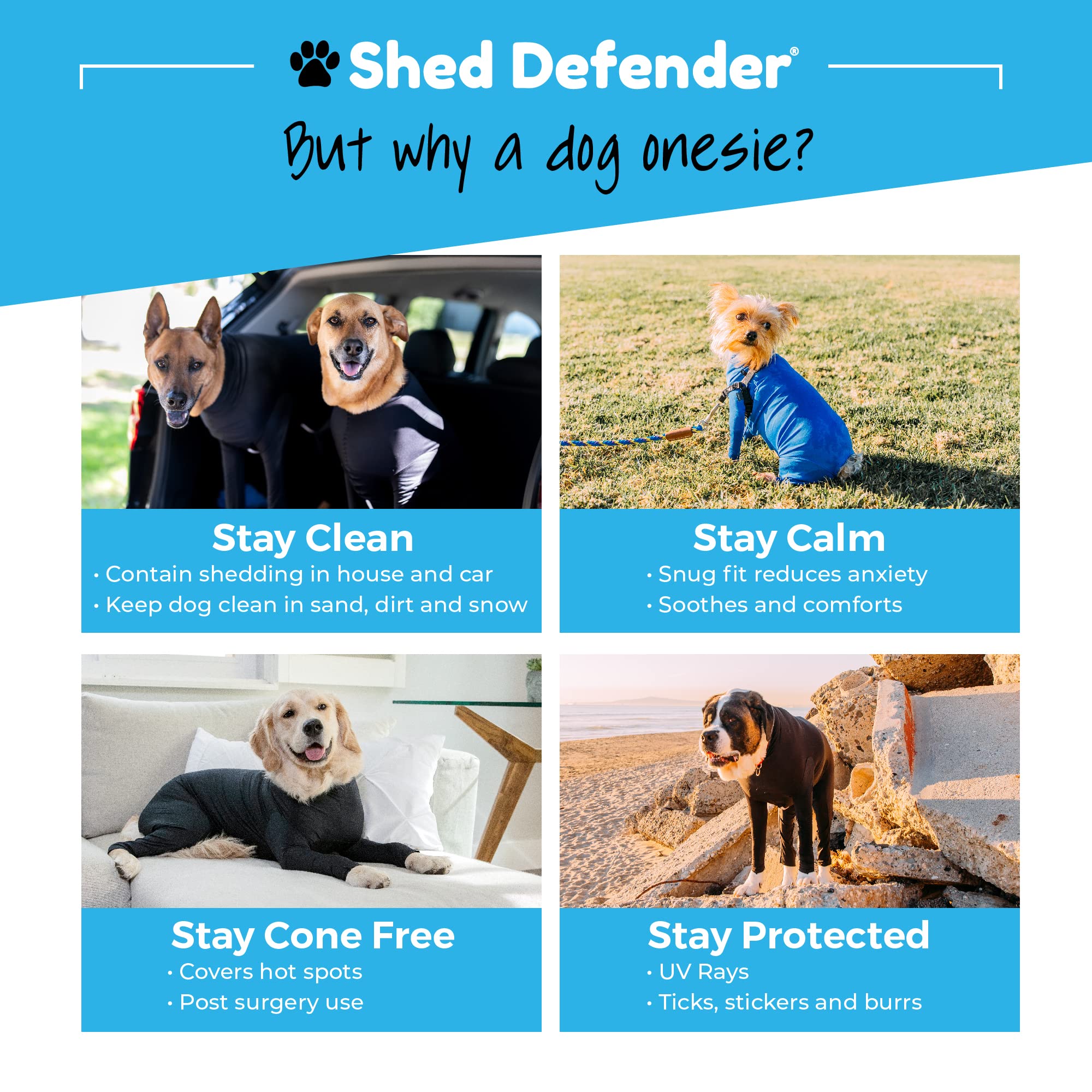 Shed Defender Original Dog Onesie for Dog Shedding, Seen on Shark Tank, Lightweight Breathable, Bodysuit for Dogs, Recovery Suit
