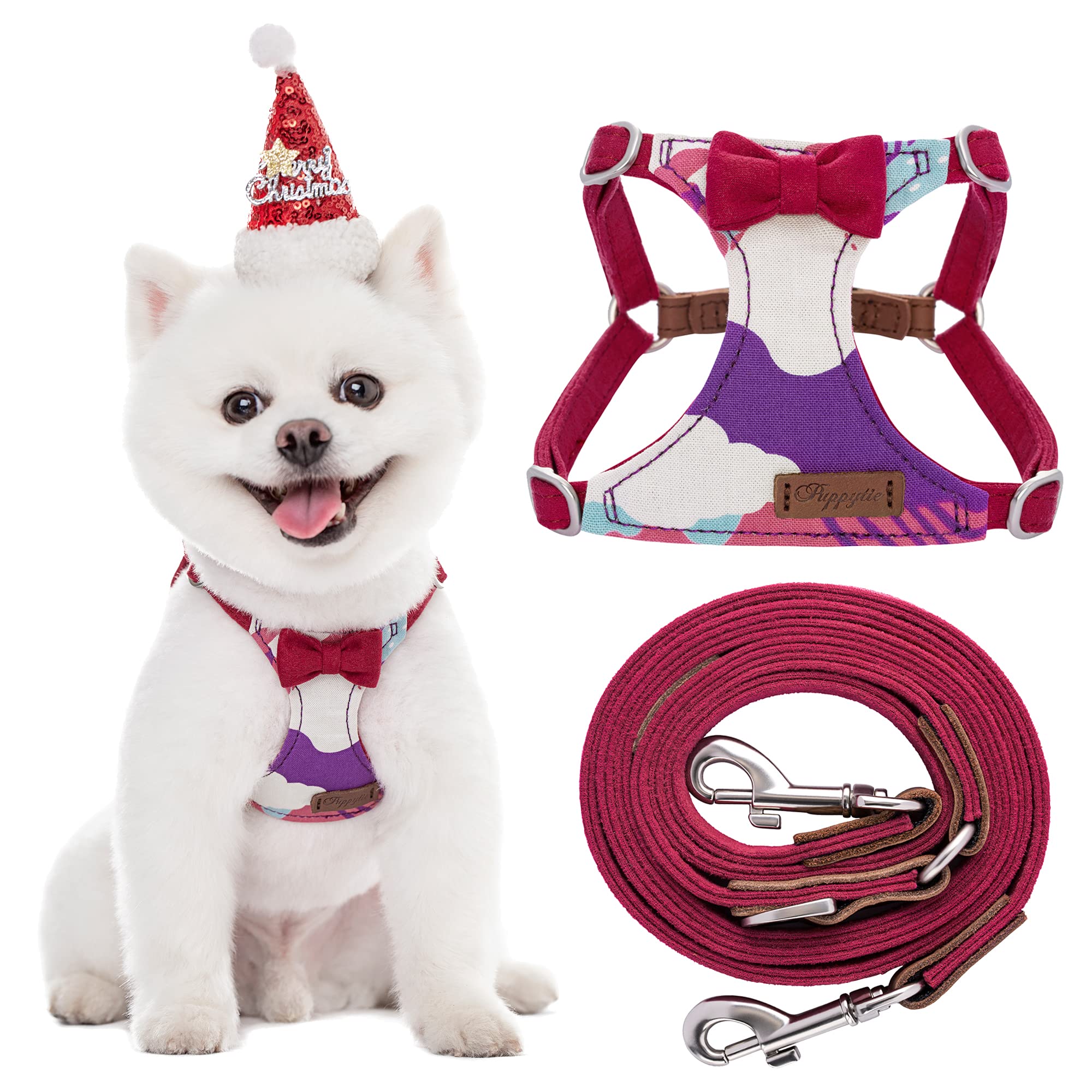 Puppytie No Pull Xs Dog Harness With Multifunction Dog Leash,Soft Adjustable No Choke Escape Proof Pet Harness Vest,Suede Bow Re
