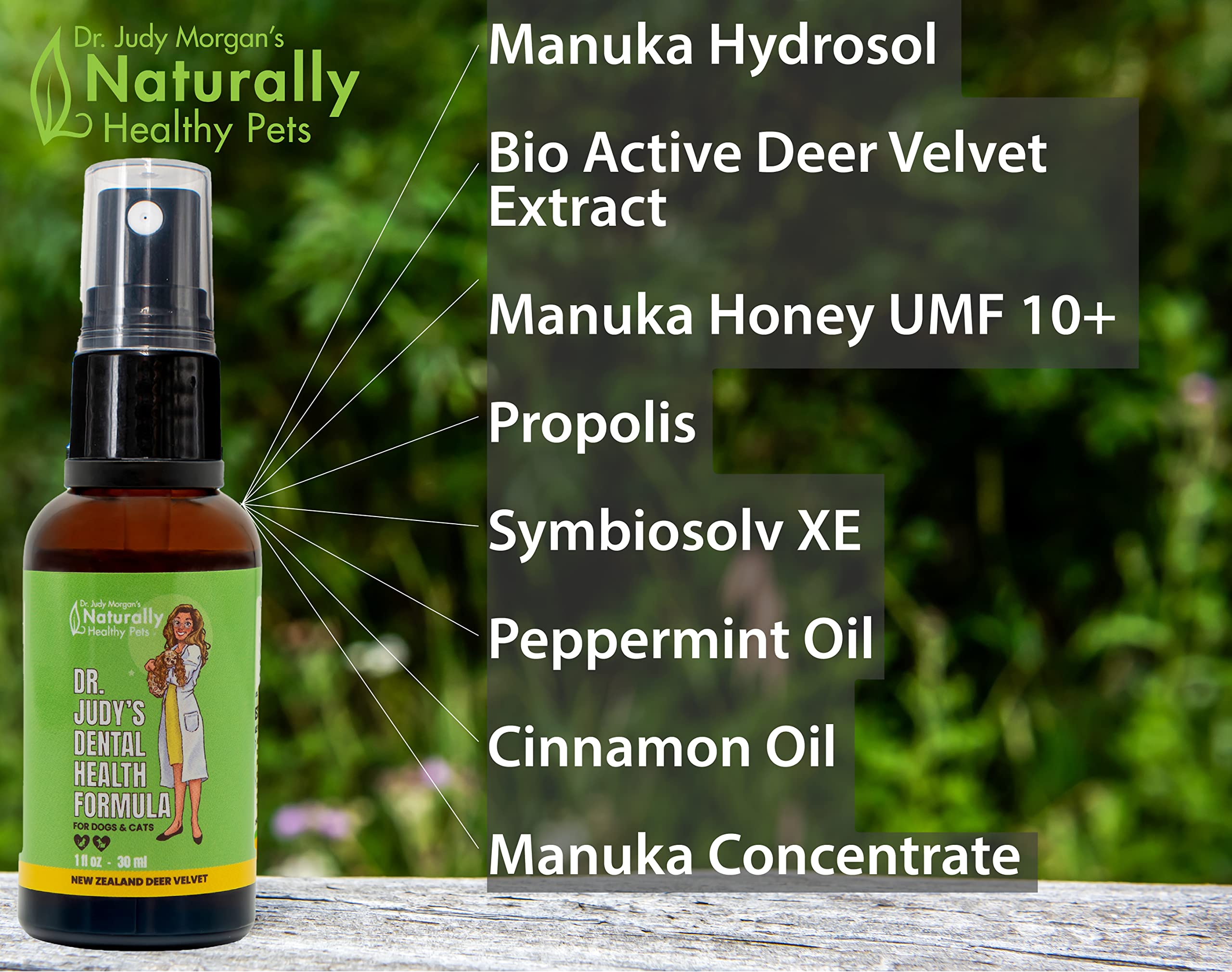 Dr. Judy Morgan's Dental Health Oral Spray for Dogs & Cats, 30 ml, New Zealand Deer Antler Velvet & Manuka Honey
