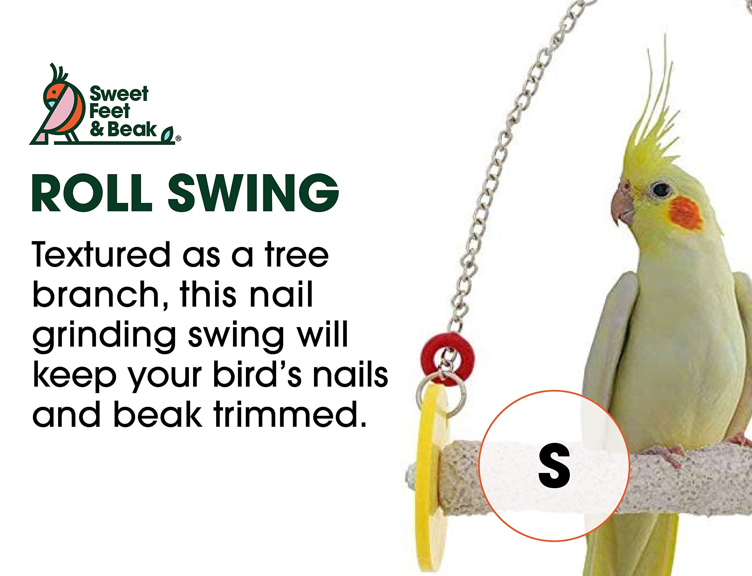 Sweet Feet And Beak Roll Bird Swing - Pumice Perch Bird Toys Trims Nails And Beaks, Safe And Non-Toxic Bird Cage Accessories For Small And Large Birds, Swinging Toys Birds Will Love, Small 7.5 Inches