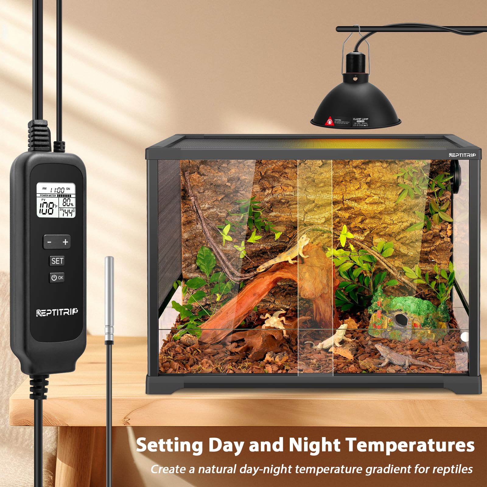 Reptitrip 8.5-Inch Day/Night Thermostatic Reptile Light Fixture - Heat Lamp Temperature Controller (Max 150W) For Bearded Dragon