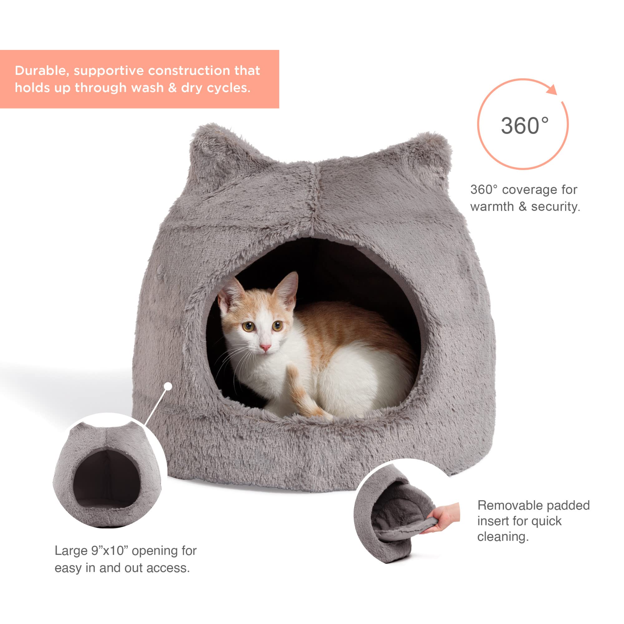 Best Friends By Sheri Meow Hut In Fur Cover Dome Cat And Dog Bed, Gray, Small