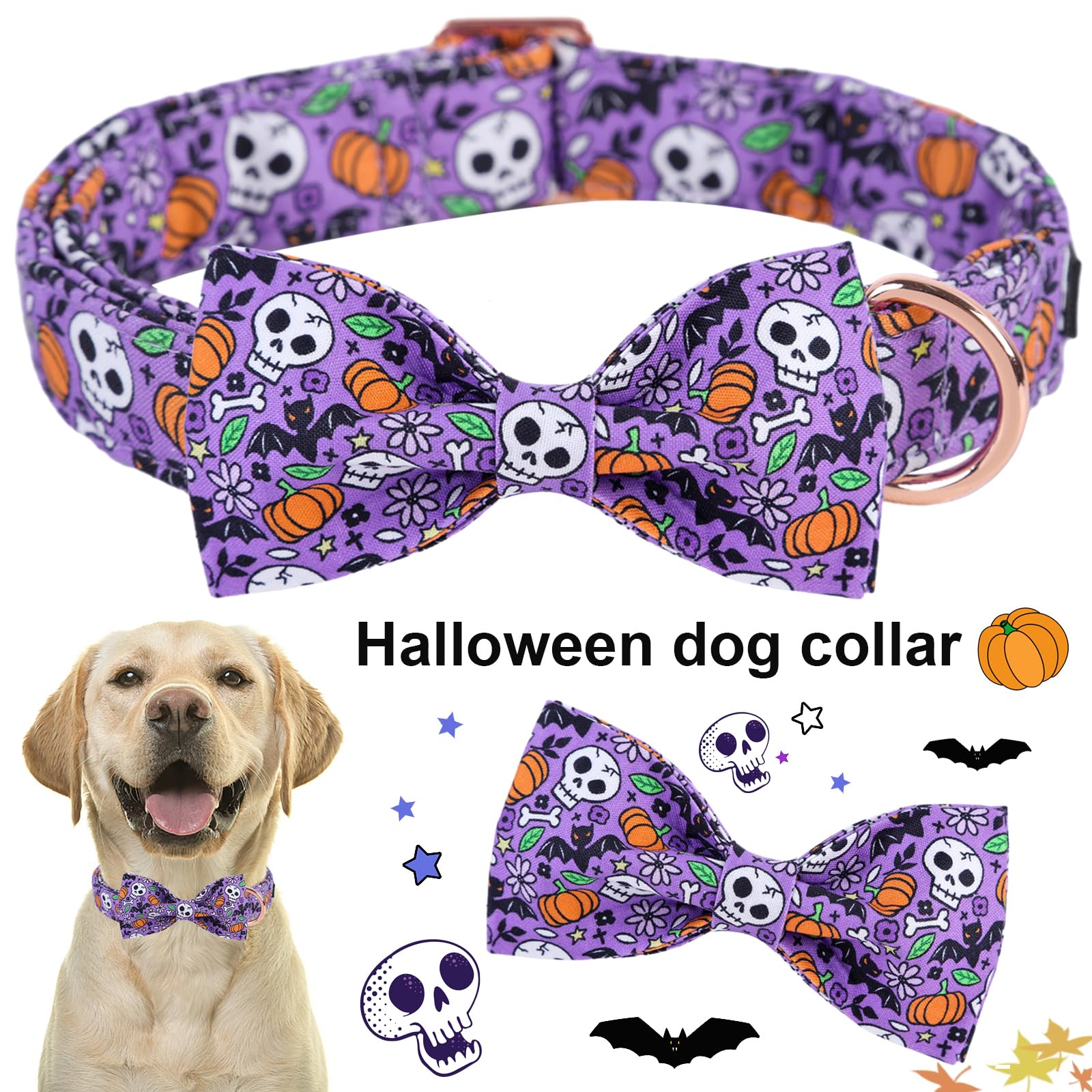 Aring Pet Halloween Dog Collar Cute Pumpkin Dog Collar Bowtie, Cotton Purple Skull Bat Dog Collars Daisy Puppy Collars With Metal Buckle