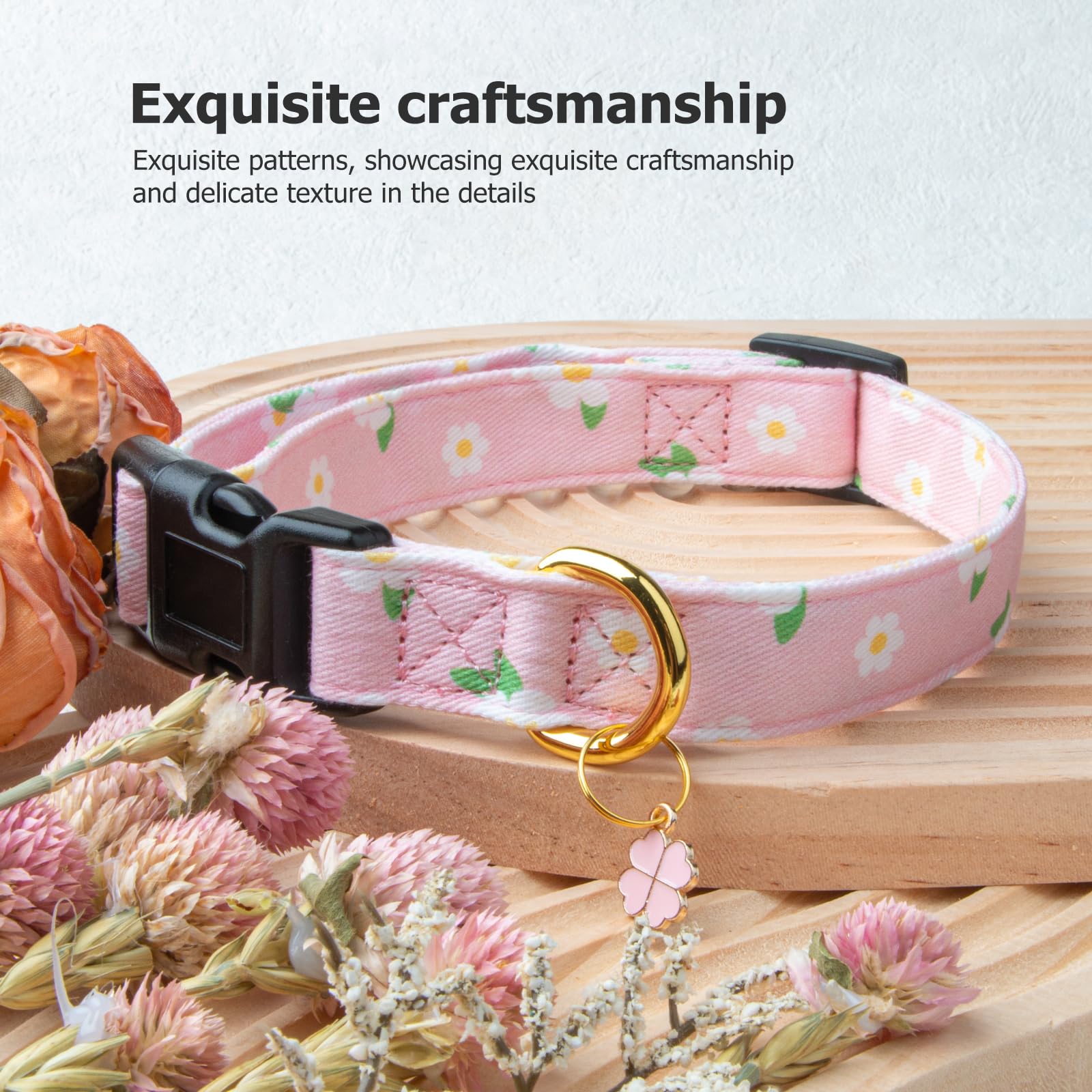 Cotton Handmade Dog Collar Cute And Distinctive Patterns Pink Flower With Pendant For Girl Boy Dogs Collars M