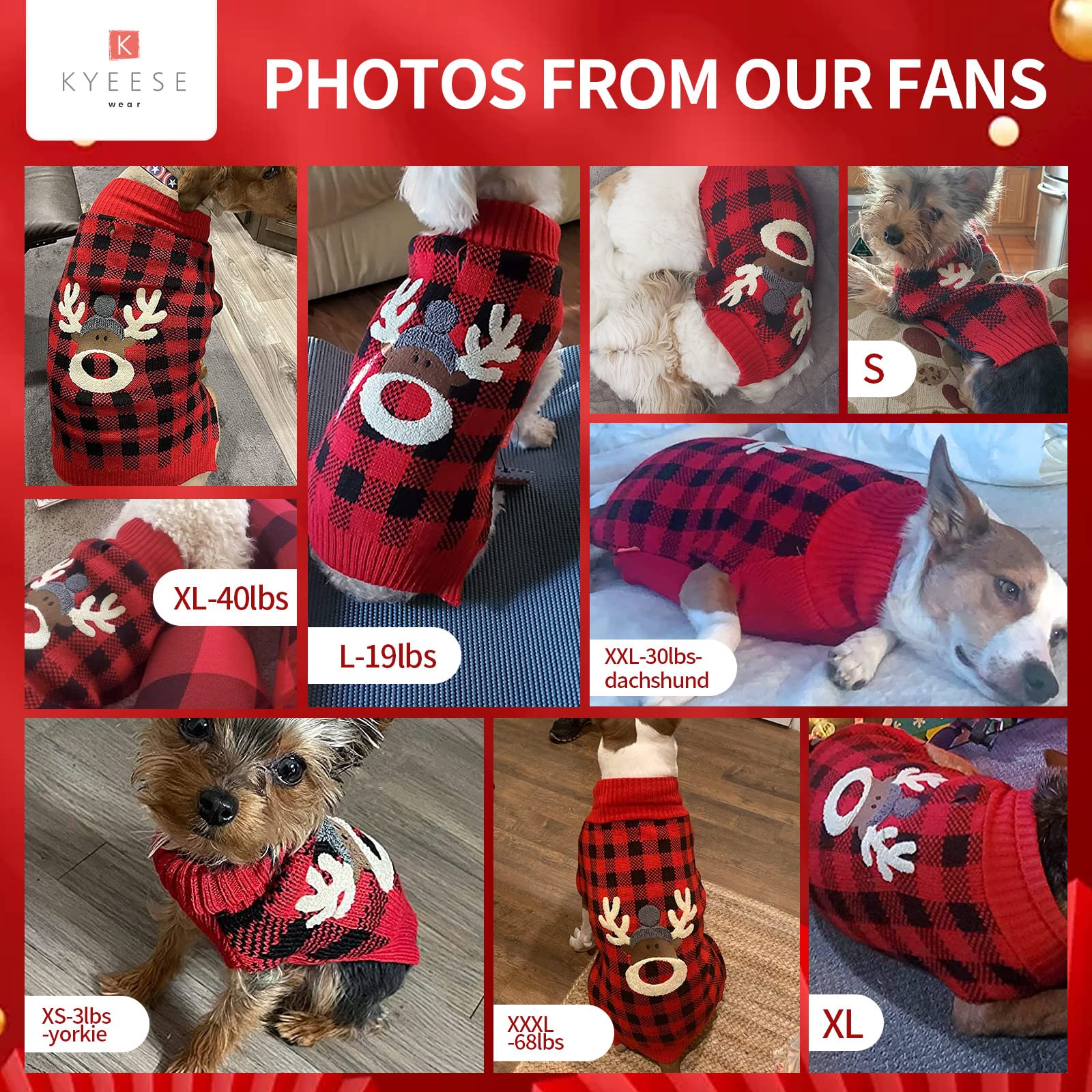 Kyeese Dogs Sweaters Reindeer Small Dog Sweaters Red Buffalo Check With Leash Hole Pet Sweater Puppy Sweater,S