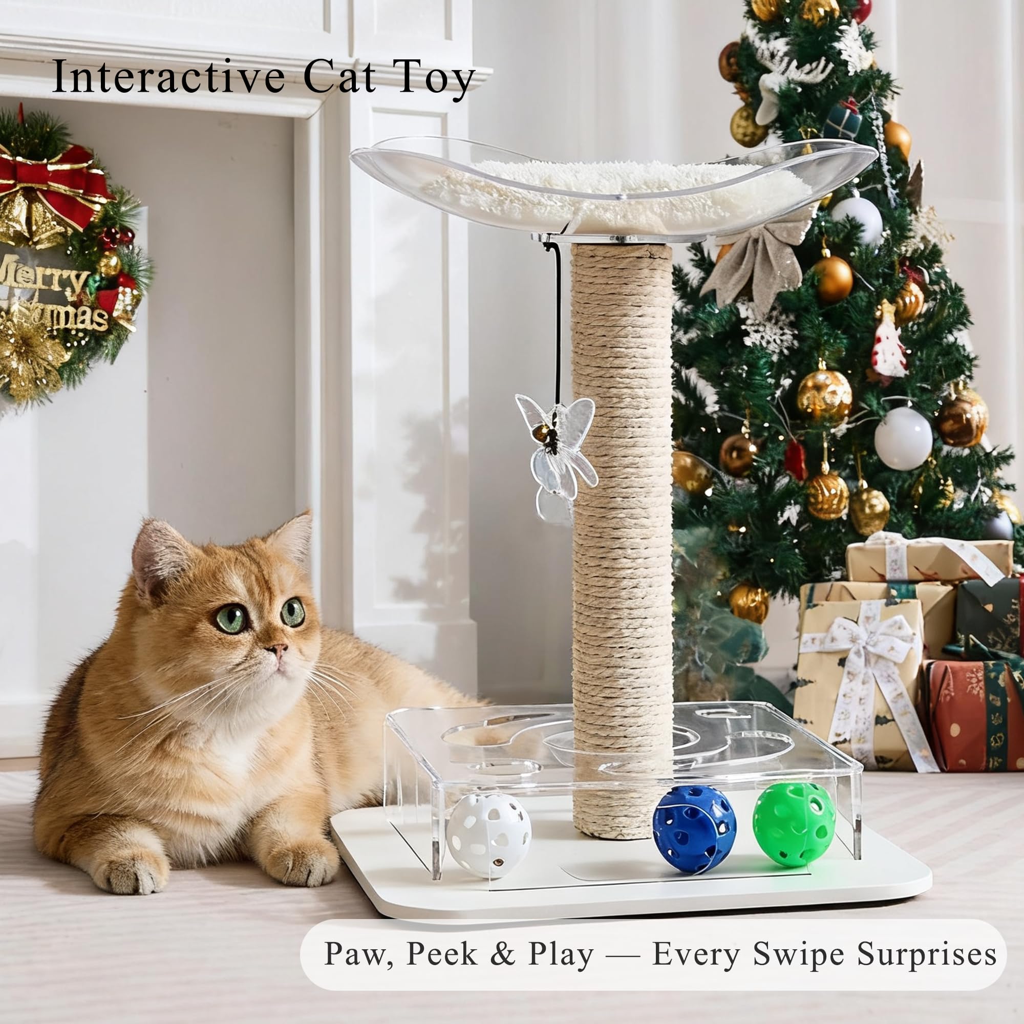 Kicari Modern 3-in-1 Interactive Cat Toy with Puzzle Box, Cat Bed/Perch & Scratching Posts, Colorful Jingle Balls, Dangling Acce