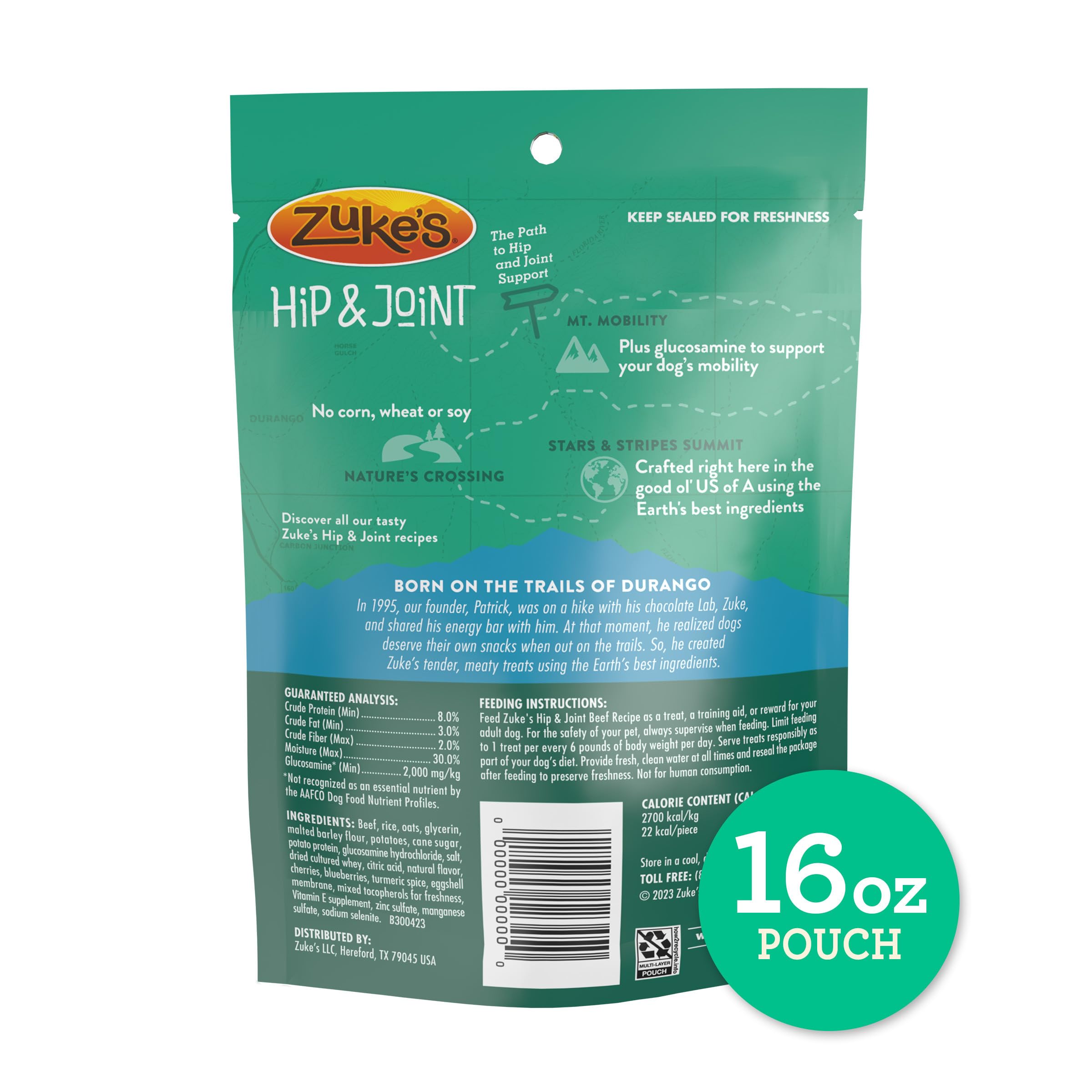 Zukes Hip and Joint Support Dog Treats for Adult Dogs of All Sizes, Senior Dog Treats made with Real Beef, 16 oz. Resealable Pou