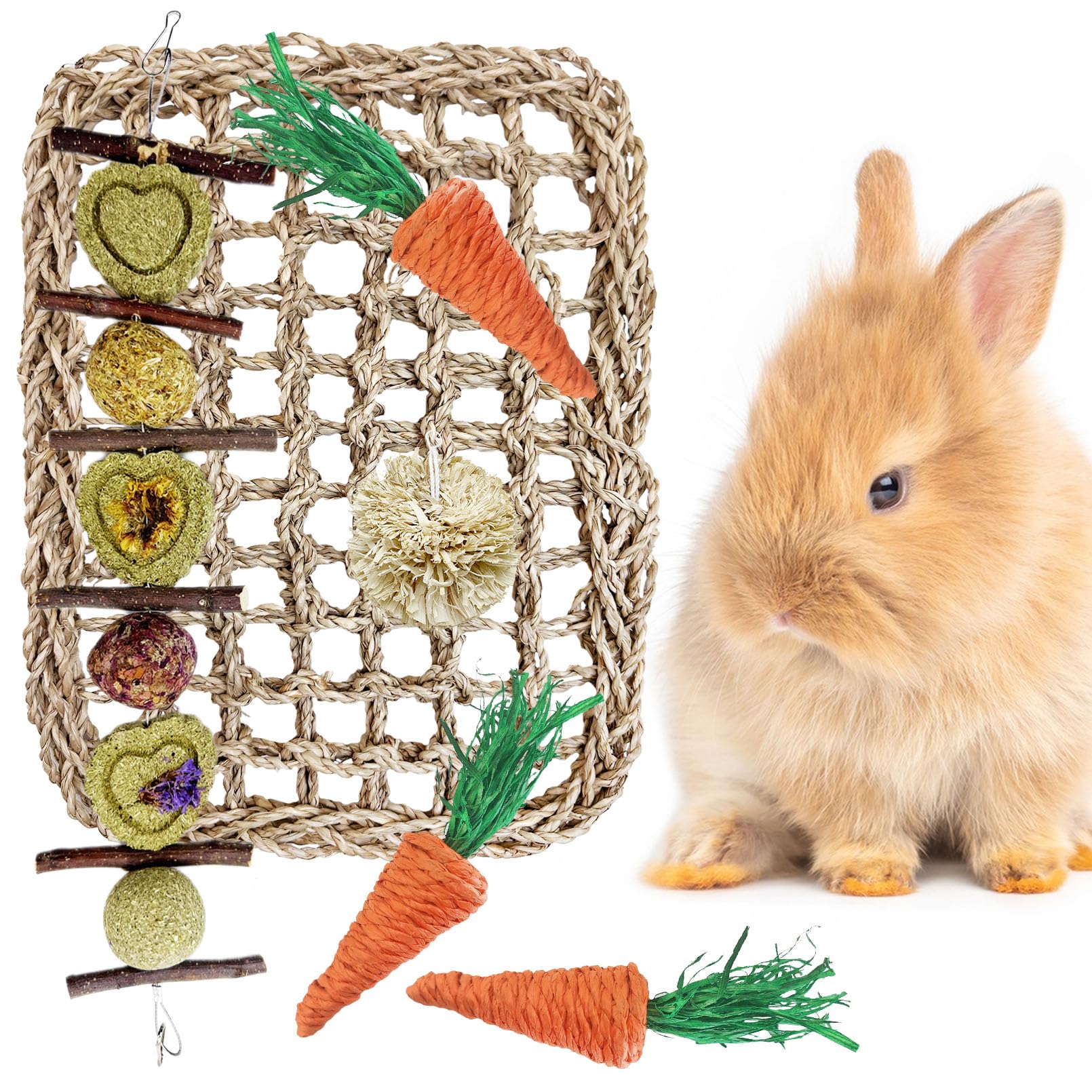 Hamiledyi Rabbit Seagrass Activity Mat & Toys For Teeth Grinding & Enrichment - Rabbits, Guinea Pigs, Hamsters & More - Natural 