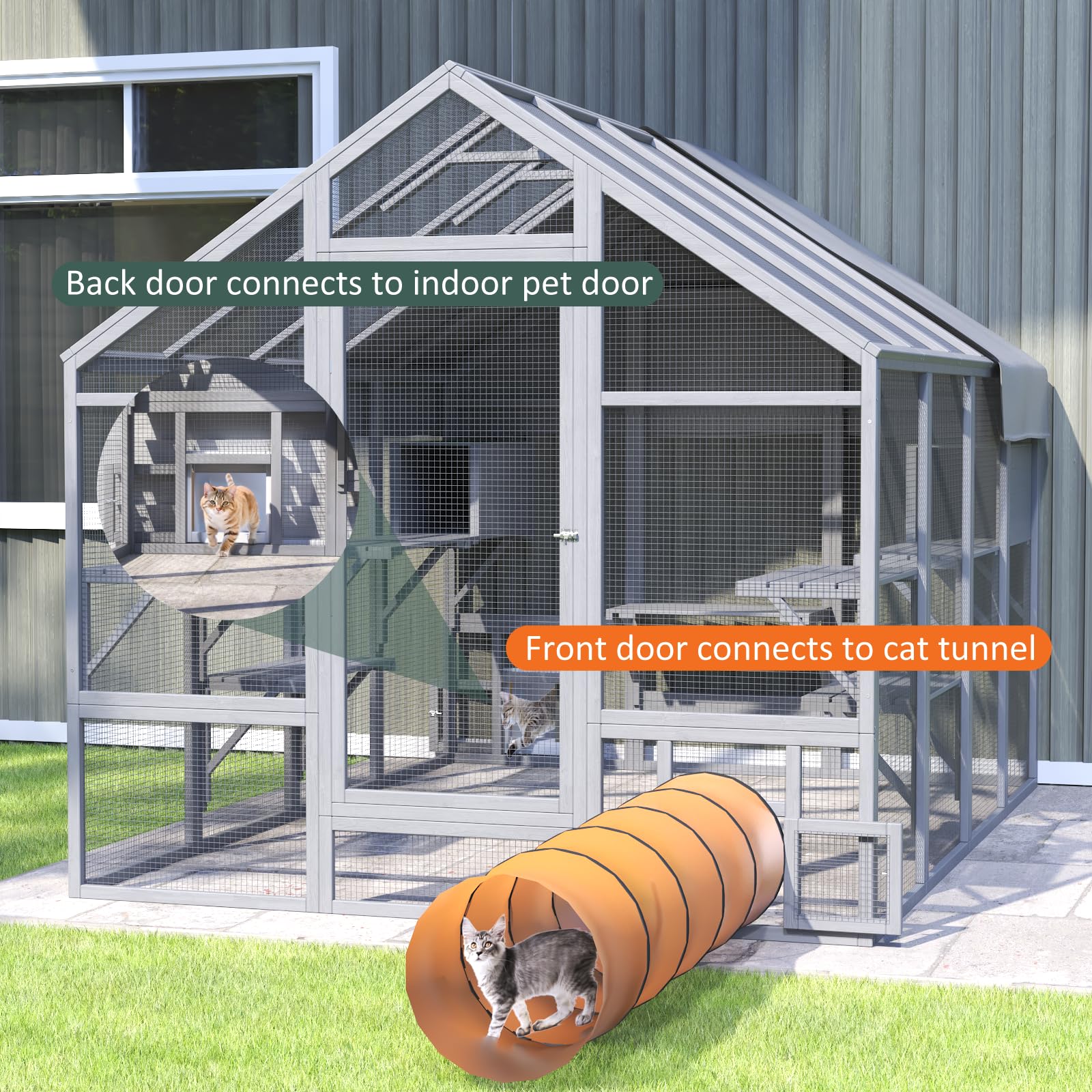 Timhaka Catio Outdoor Cat Enclosure, Large Cat Catio For Multiple Cats With 7 Platforms, 2 Resting Box And 2 Bridges, Wooden Cat