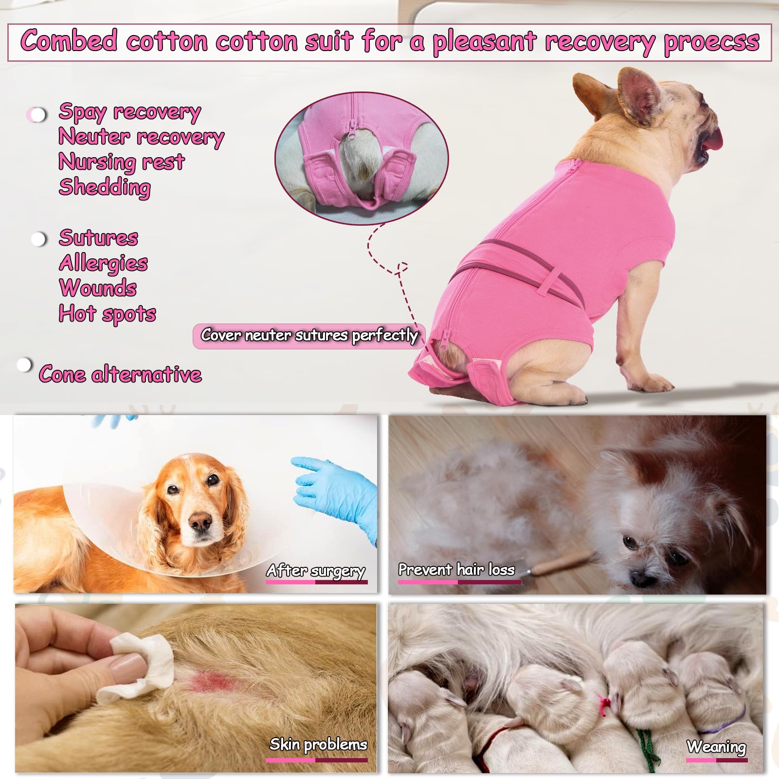 Sychien Dog Female Spay Recovery Suit Medium Pink,Male Neuter Surgery Recovery Shirt,Pink M