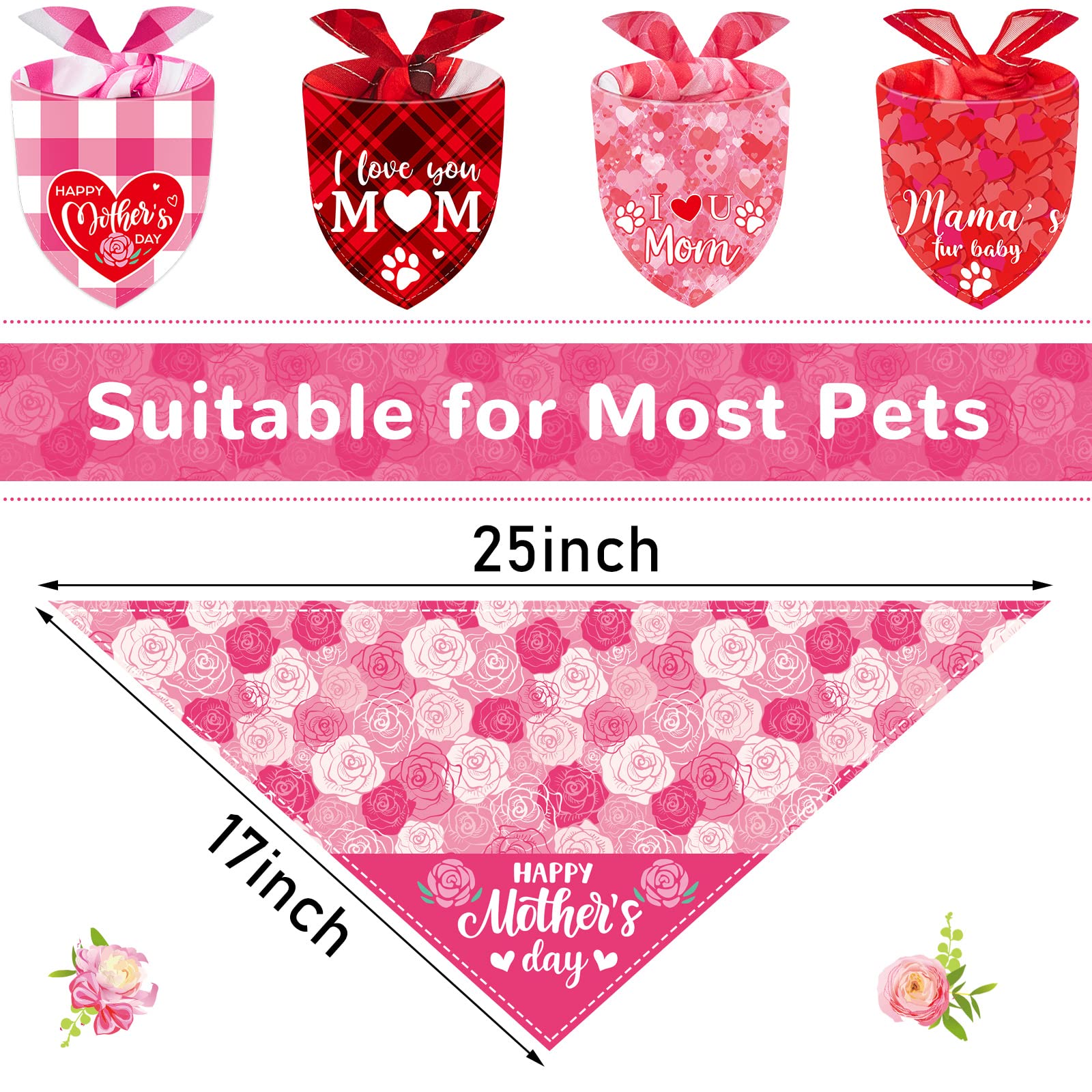 6 Pcs Mother'S Day Dog Bandana Triangle Plaid Heart Bandanas I Love Mom Bib Flower Print Pet Scarf Accessories For Dogs Cats Pet