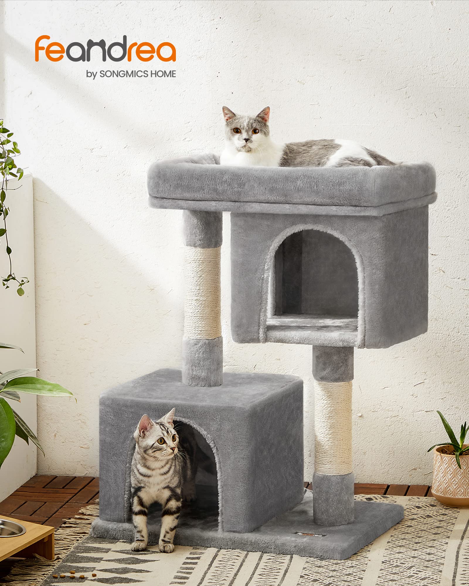 Feandrea Cat Tree, 33.1-Inch Cat Tower, L, Cat Condo For Large Cats Up To 16 Lb, Large Cat Perch, 2 Cat Caves, Scratching Post, Light Gray Upct61W